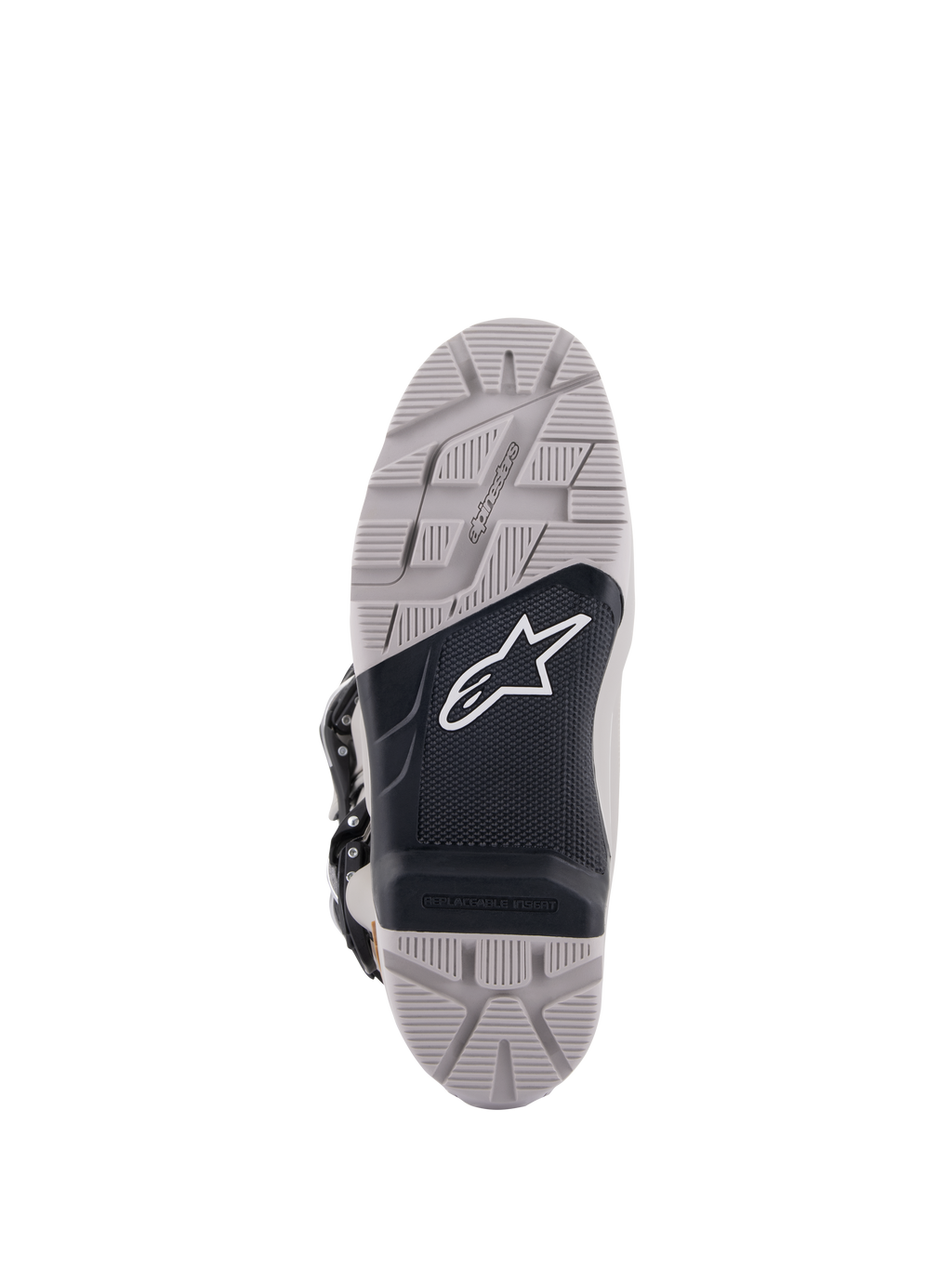 Alpinestars Tech 7 Enduro Drystar® Stiefel, Sohlenansicht, Grau und Schwarz, High-Grip-Profil mit strukturiertem schwarzem Mittelteil, weißes Astar-Logo, verfügt über einen austauschbaren Einsatz für Strapazierfähigkeit und Traktion beim Enduro-Fahren