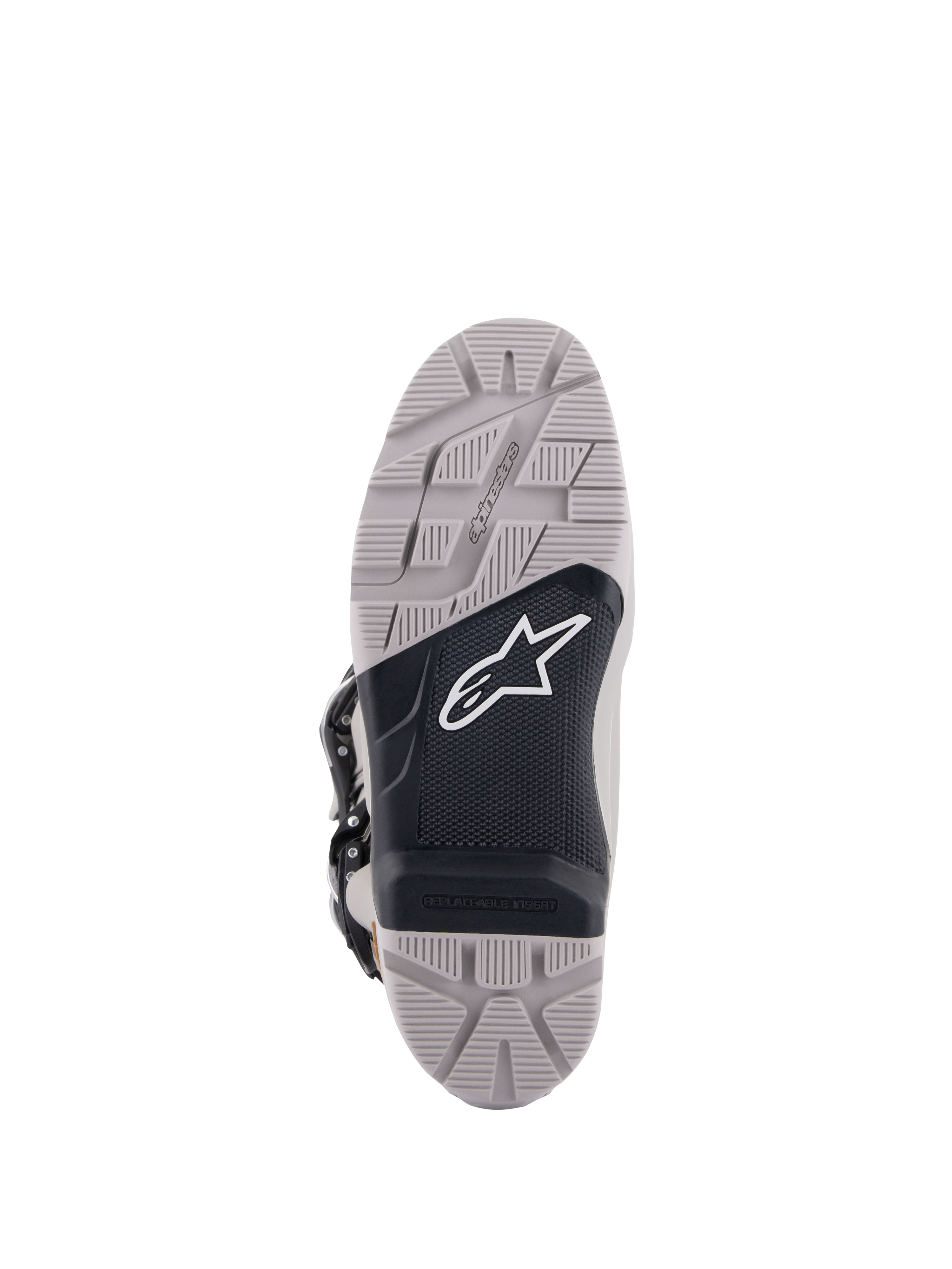 Alpinestars Tech 7 Enduro Drystar® Stiefel, Sohlenansicht, Grau und Schwarz, High-Grip-Profil mit strukturiertem schwarzem Mittelteil, weißes Astar-Logo, verfügt über einen austauschbaren Einsatz für Strapazierfähigkeit und Traktion beim Enduro-Fahren