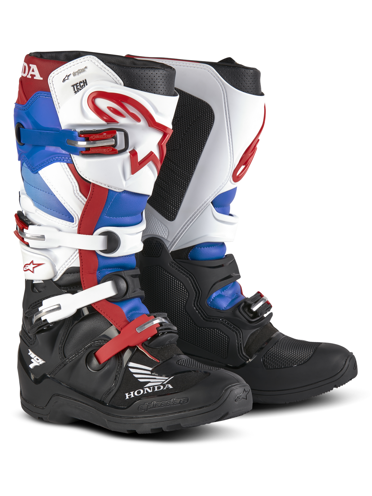 Honda Tech 7 Enduro Drystar® Stiefel, Motorrad-Enduro-Stiefel, Schwarz, Weiß, Rot und Blau, mehrere verstellbare Schnallen, Honda-Logo, robuste Konstruktion mit verstärkten Schutzbereichen, hoher Schaft für Knöchelunterstützung