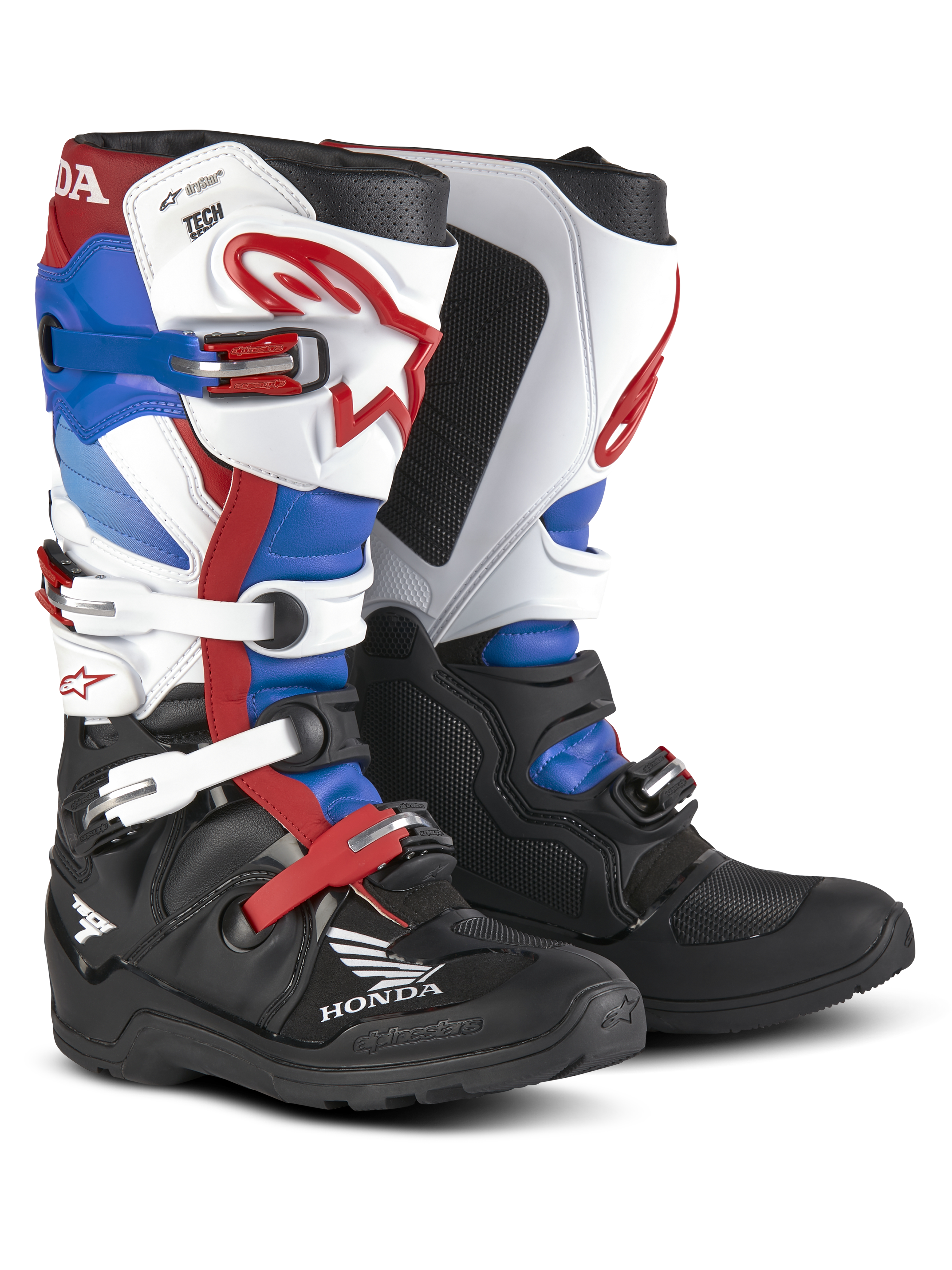 Honda Tech 7 Enduro Drystar® Stiefel, Motorrad-Enduro-Stiefel, Rot, Blau, Schwarz und Weiß, mehrere verstellbare Schnallen, Honda-Logo, robuster Schutz, Design mit hoher Knöchelunterstützung