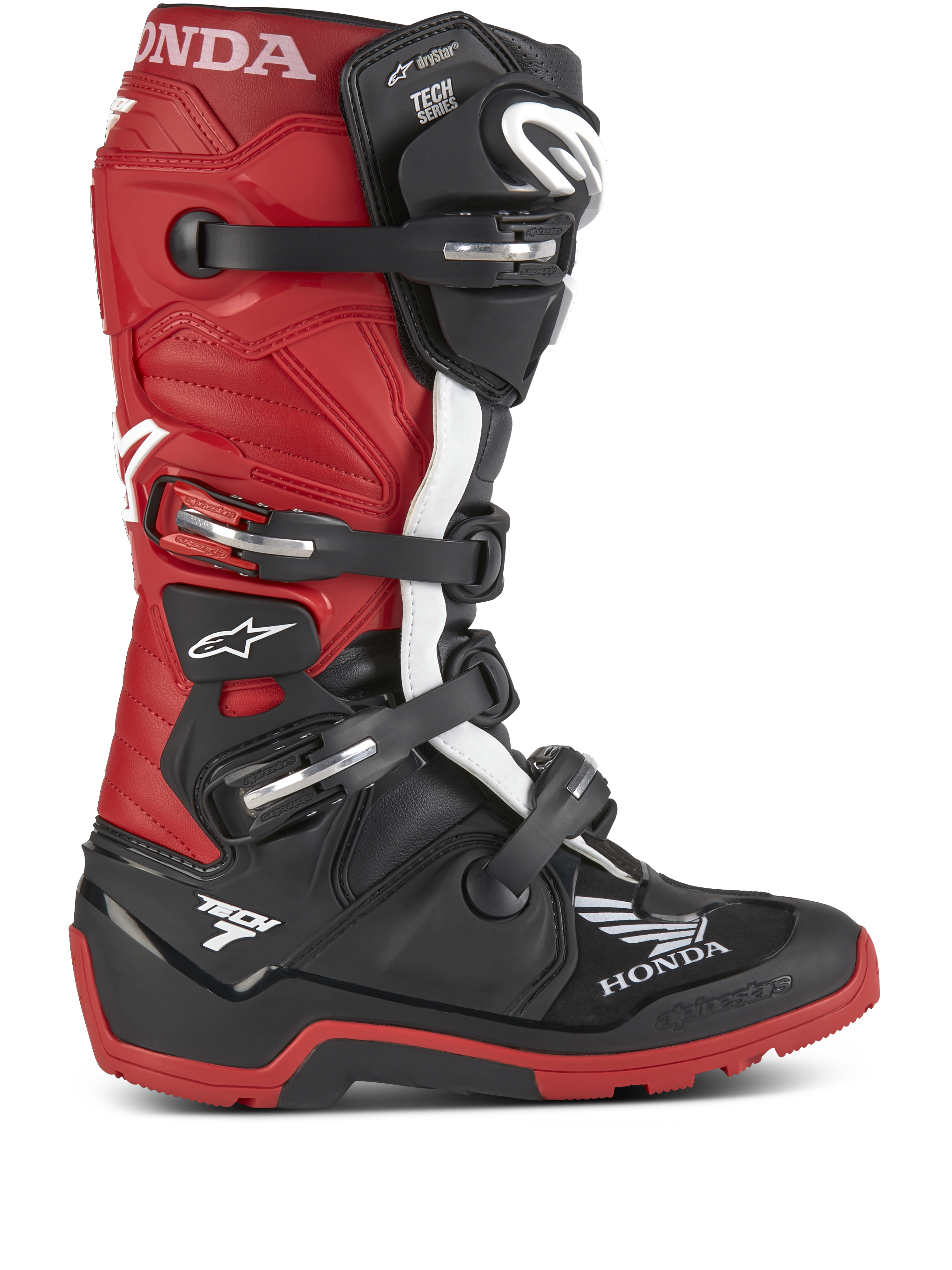 Honda Tech 7 Enduro Drystar® Boots, Motorcycle Enduro Boots, Black and Bright Red with White accents, featuring multiple adjustable buckles, rugged sole for off-road grip, waterproof Drystar® technology, and prominent Honda and Tech 7 branding