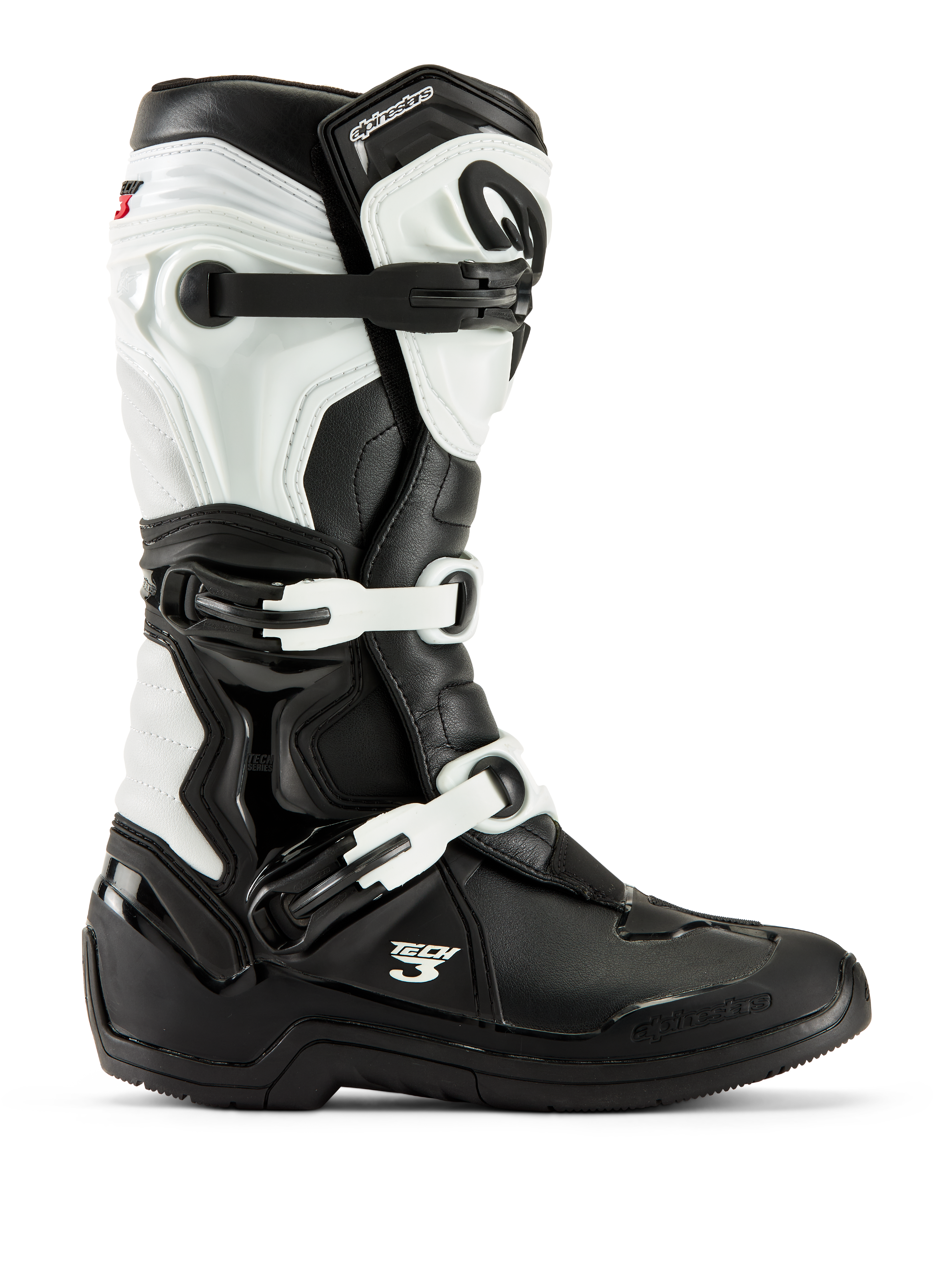 Alpinestars Tech 3 Stiefel, Motocross-Stiefel, Schwarz und Weiß, Seitenansicht mit Drei-Schnallen-Verschlusssystem, schützenden TPU-Paneelen und strapazierfähiger Synthetik-Konstruktion für den Offroad-Rennsport