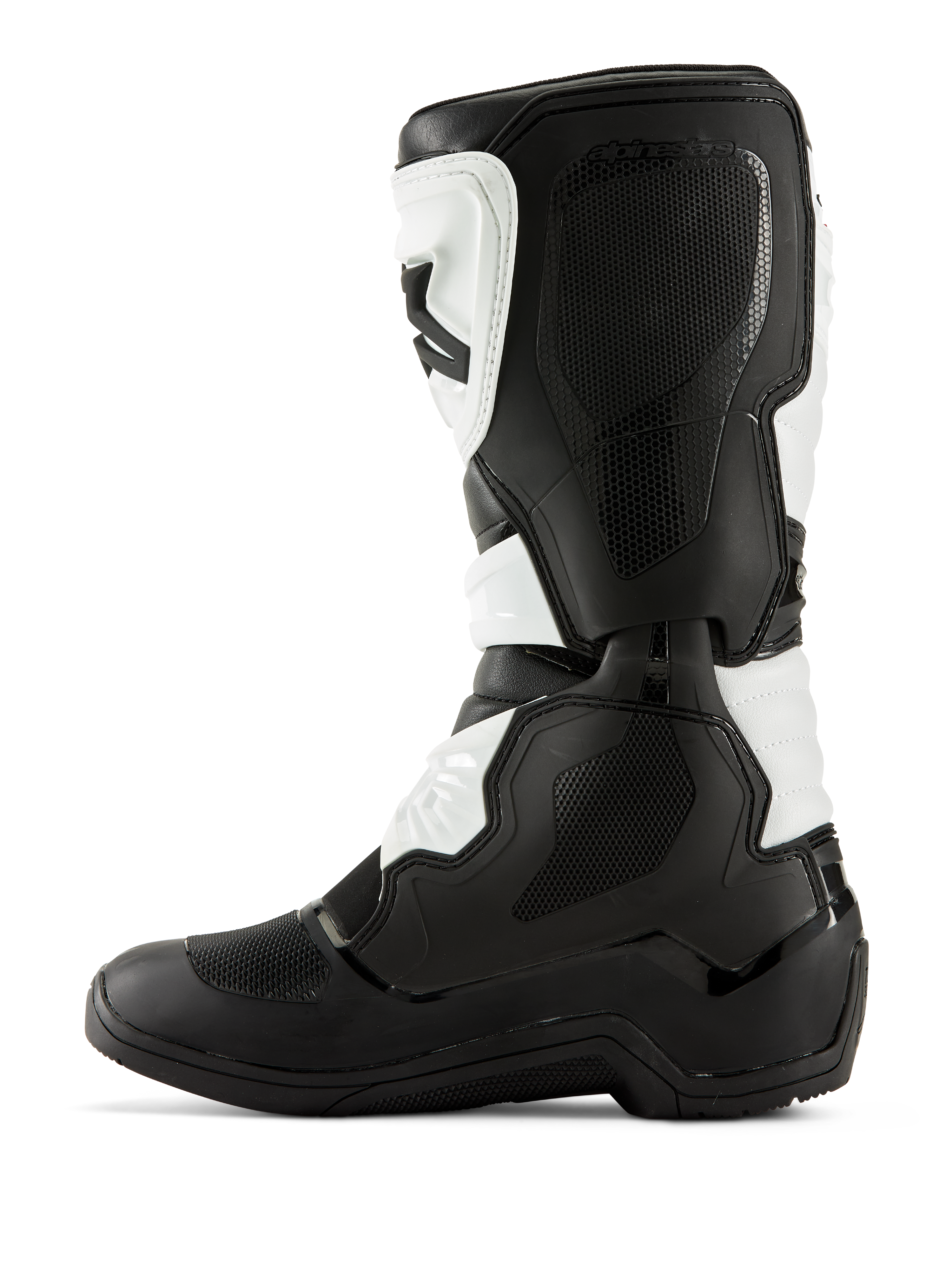 Alpinestars Tech 3 Stiefel, Motocross-Stiefel, Schwarz und Weiß, mediales Seitenprofil mit texturierten Grip-Einsätzen, TPU-Protektoren und strapazierfähiger Mikrofaser-Konstruktion, professionelles Offroad-Schuhwerk.