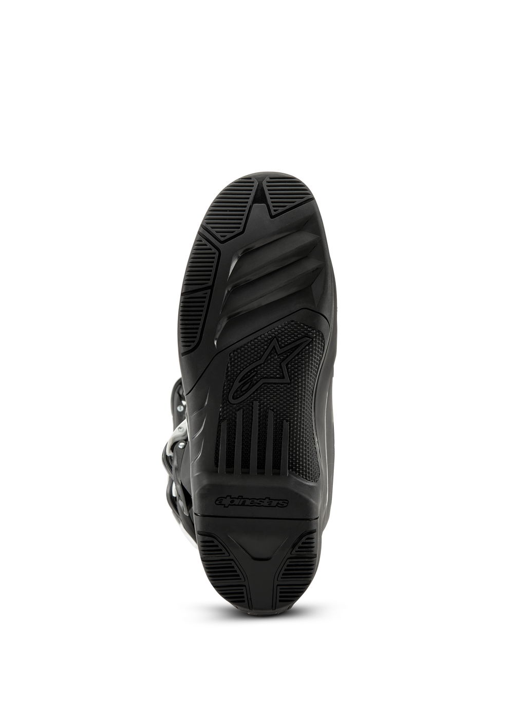 Alpinestars Tech 3 Stiefel, Motocross-Stiefel, Schwarz, Ansicht der strukturierten Gummi-Außensohle von unten mit Alpinestars-Logo und Schriftzug, griffiges Profildesign für Offroad-Performance