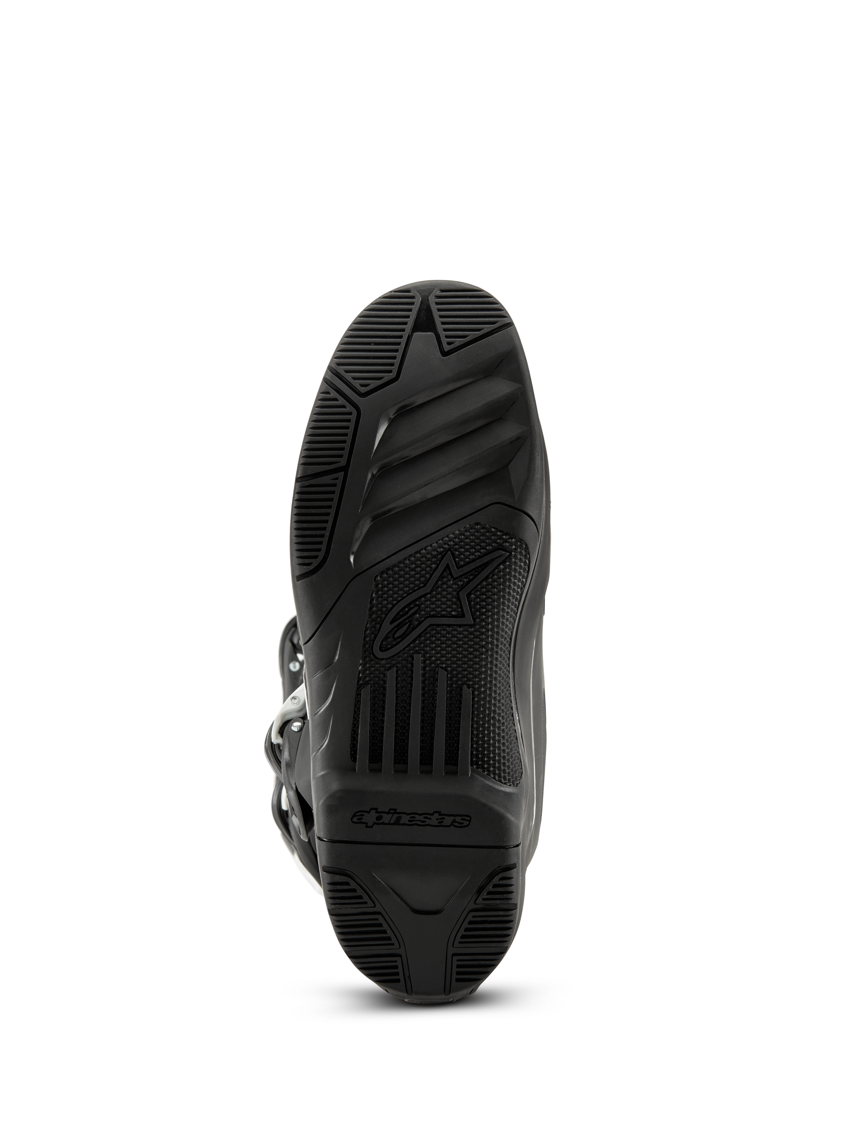 Alpinestars Tech 3 Stiefel, Motocross-Stiefel, Schwarz, Ansicht der strukturierten Gummi-Außensohle von unten mit Alpinestars-Logo und Schriftzug, griffiges Profildesign für Offroad-Performance