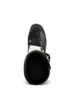 Alpinestars Tech 3 Stiefel, Draufsicht, Schwarz und Weiß, zeigt das textile Innenfutter und die verstärkte schwarze Zehenbox, Motocross- und Offroad-Schutzschuhwerk