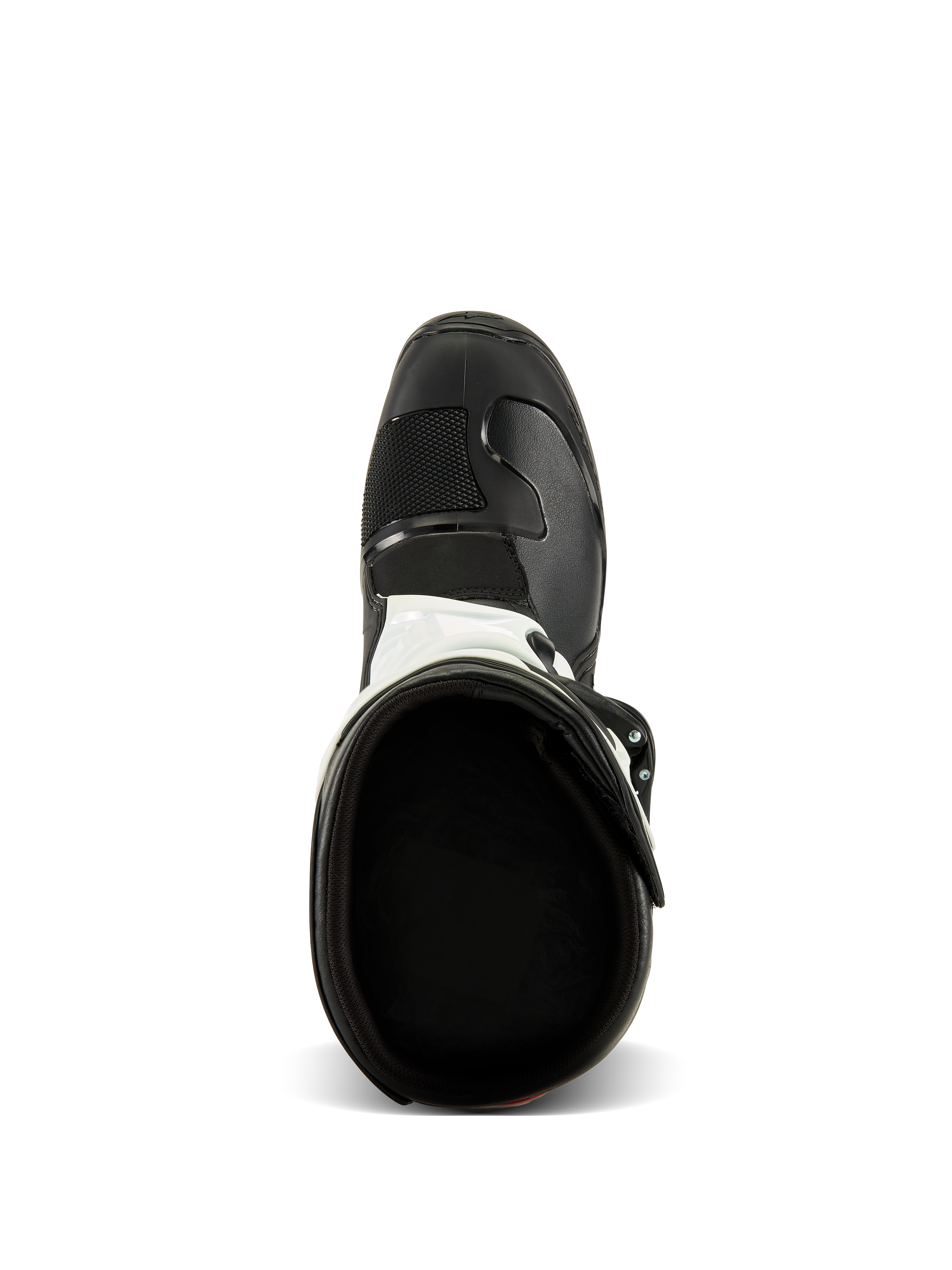 Alpinestars Tech 3 Stiefel, Draufsicht, Schwarz und Weiß, zeigt das textile Innenfutter und die verstärkte schwarze Zehenbox, Motocross- und Offroad-Schutzschuhwerk