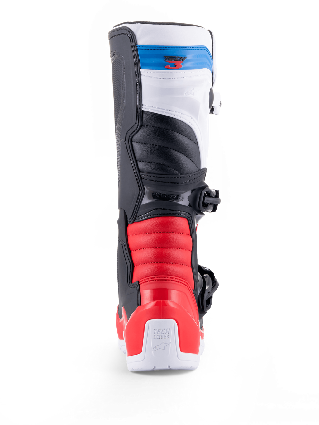 Alpinestars Tech 3 Stiefel, Motocross-Offroad-Motorradstiefel in Rückansicht, Weiß mit leuchtend roten und dunkelblauen Akzenten, schützende TPU-Konstruktion und Schnallenverschluss
