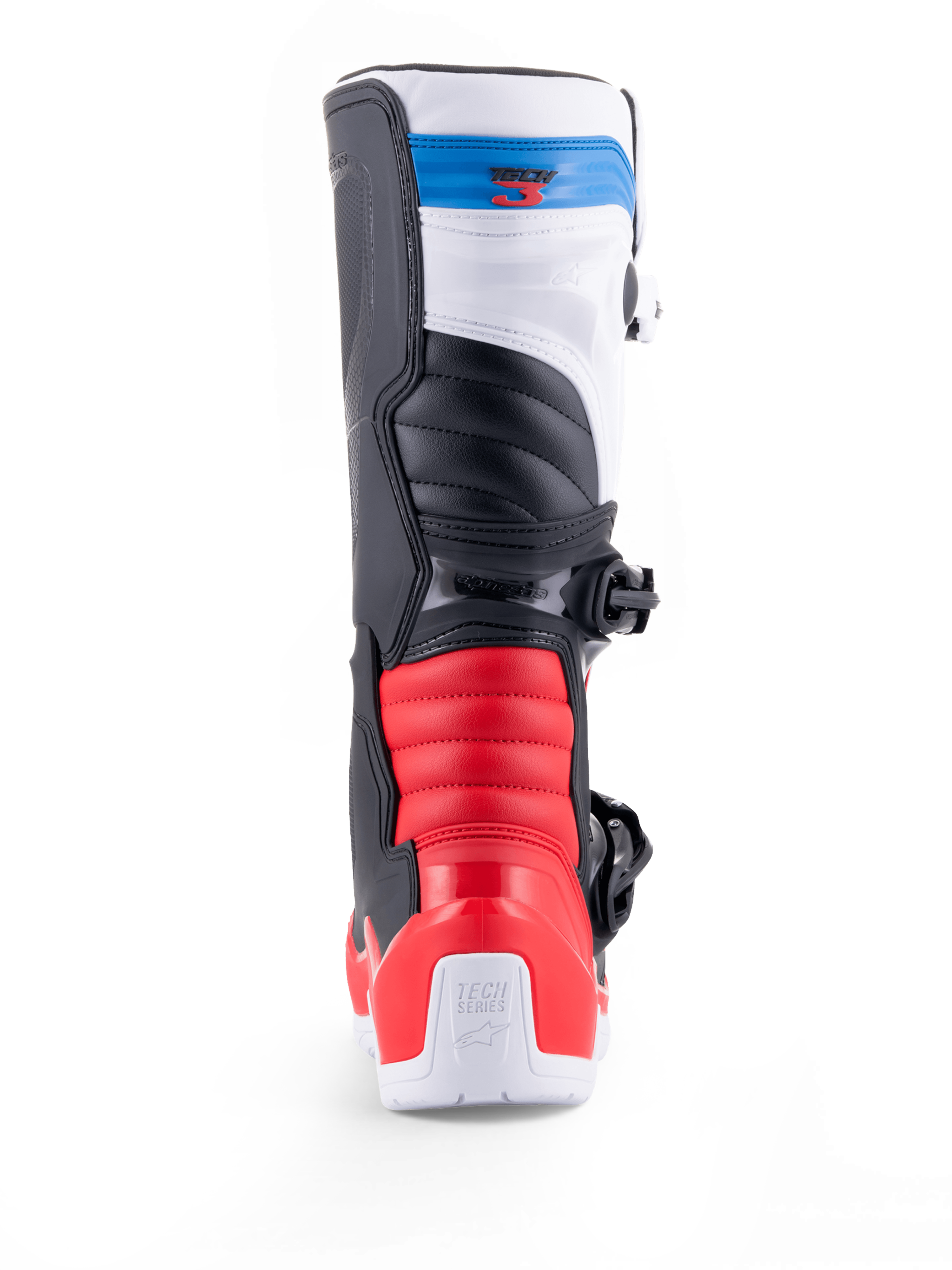 Alpinestars Tech 3 Stiefel, Motocross-Offroad-Motorradstiefel in Rückansicht, Weiß mit leuchtend roten und dunkelblauen Akzenten, schützende TPU-Konstruktion und Schnallenverschluss
