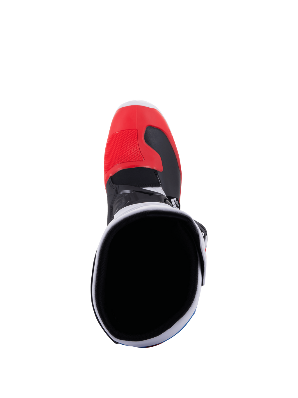 Alpinestars Tech 3 Stiefel, weiße und hellrote Motocross- und Offroad-Motorradstiefel, Rückansicht mit TPU-Schutz und Schnallenverschluss