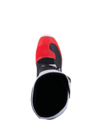 Alpinestars Tech 3 Stiefel, weiße und hellrote Motocross- und Offroad-Motorradstiefel, Rückansicht mit TPU-Schutz und Schnallenverschluss