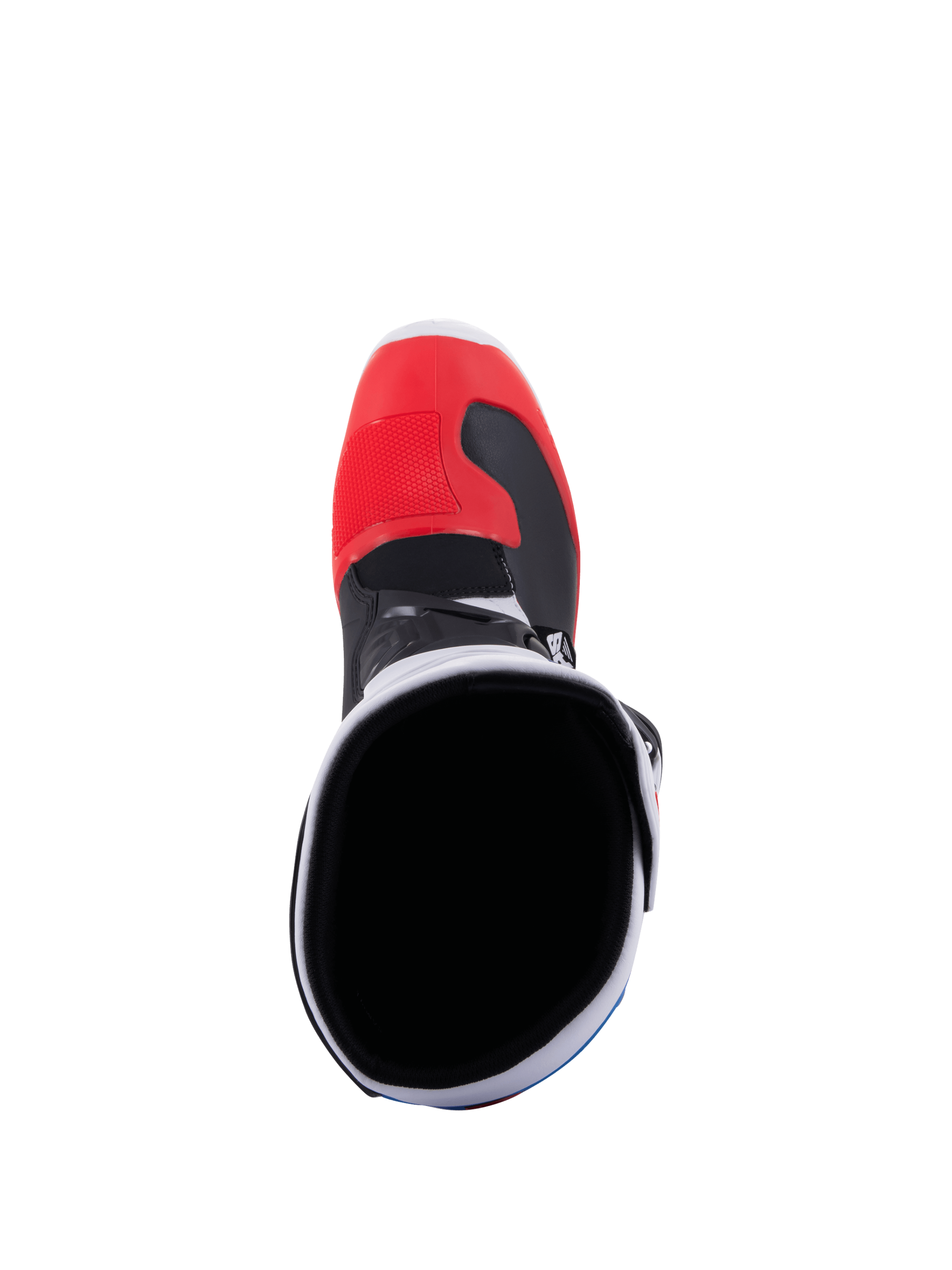 Alpinestars Tech 3 Stiefel, weiße und hellrote Motocross- und Offroad-Motorradstiefel, Rückansicht mit TPU-Schutz und Schnallenverschluss