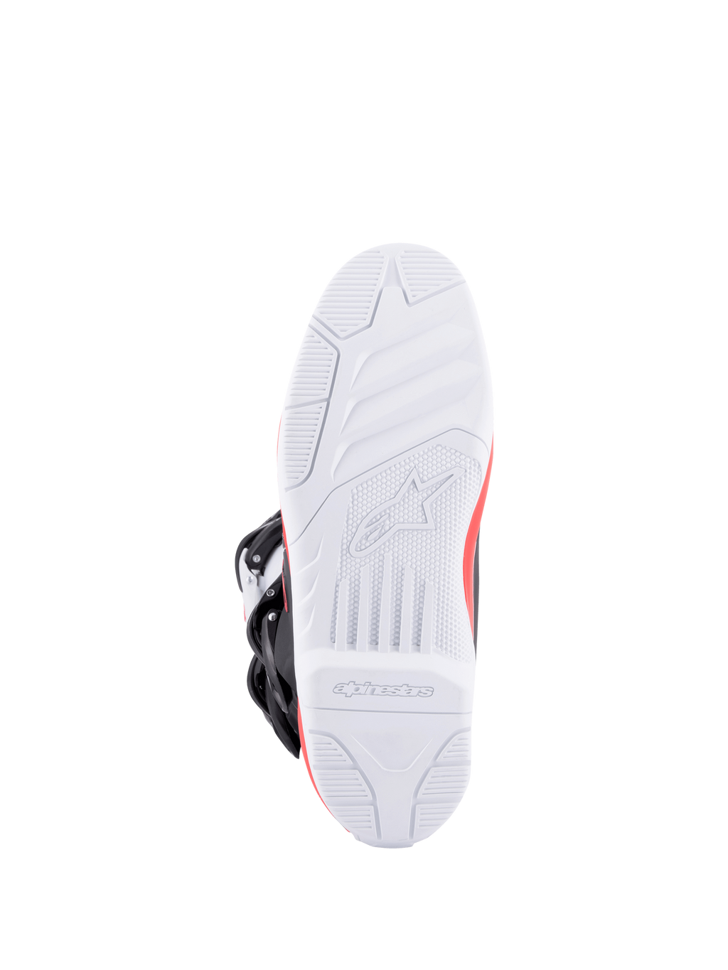 Alpinestars Tech 3 Stiefel, Motocrossstiefel von der Unterseite mit weißer Laufsohle mit hohem Grip, roten und dunkelblauen Akzenten sowie schwarzen Schnallen