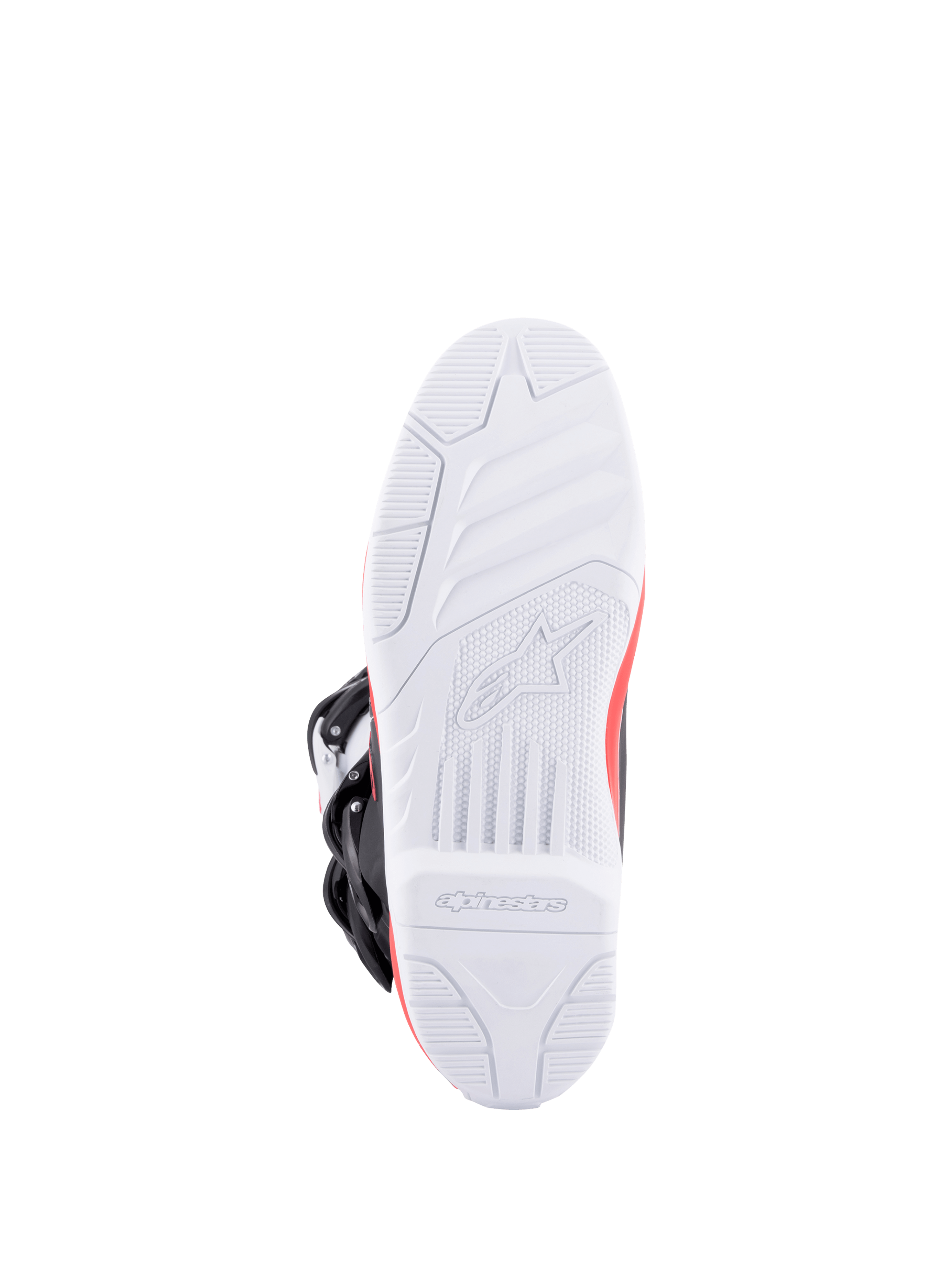 Alpinestars Tech 3 Stiefel, Motocrossstiefel von der Unterseite mit weißer Laufsohle mit hohem Grip, roten und dunkelblauen Akzenten sowie schwarzen Schnallen