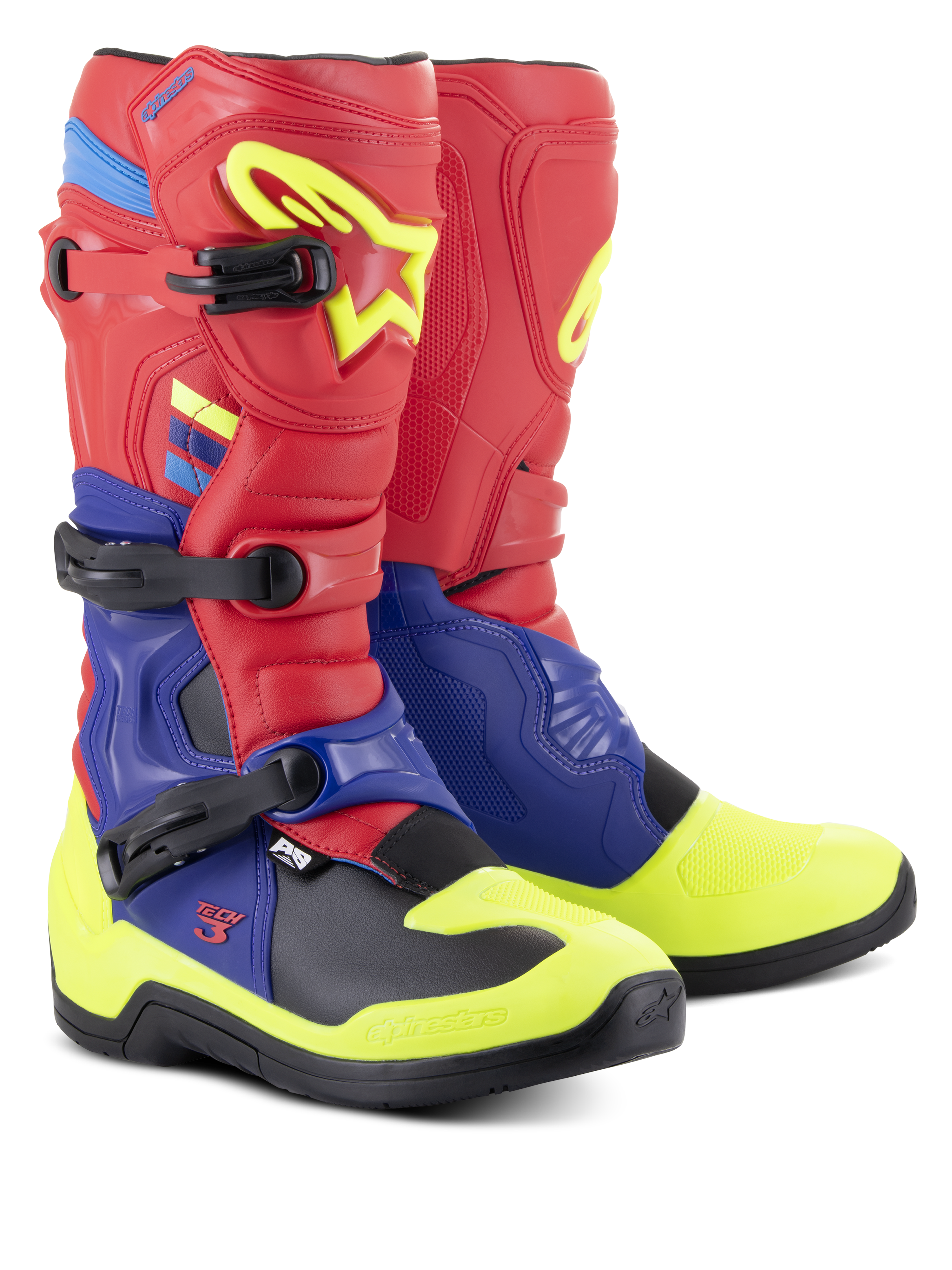 Alpinestars Tech 3 Stiefel, Motocross-Stiefel, Hellrot, Dunkelblau und Gelb Fluo, mit dreifachen Polymer-Schnallen, konturierten TPU-Schutzplatten und einer griffigen schwarzen Außensohle, konzipiert für Motocross- und Offroad-Performance.