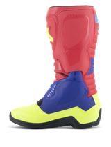Alpinestars Tech 3 Boots, Motocross Boots, Bright Red, Dark Blue, and Yellow Fluo, side profile view, featuring a vibrant multi-color design with protective TPU panels, a reinforced foot shell, and a black high-grip rubber outsole.