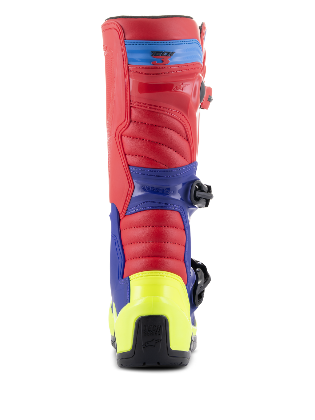 Alpinestars Tech 3 Stiefel, Motocross-Stiefel, Hellrot, Dunkelblau und Gelb Fluo, Rückansicht mit neongelber Fersenkappe, rotem Obermaterial und blauen Schutzelementen, robuste Konstruktion für Offroad-Rennsport