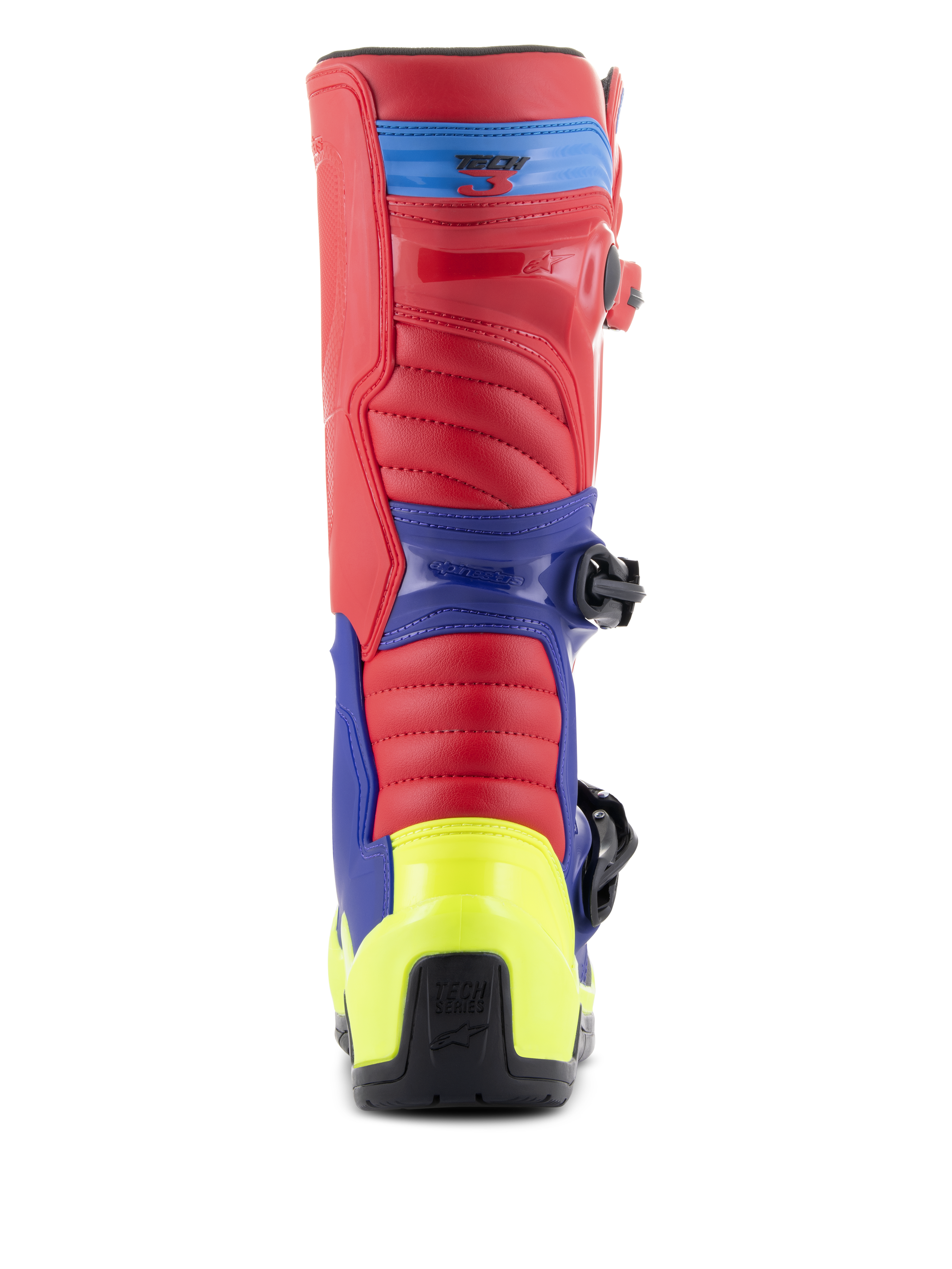 Alpinestars Tech 3 Stiefel, Motocross-Stiefel, Hellrot, Dunkelblau und Gelb Fluo, Rückansicht mit neongelber Fersenkappe, rotem Obermaterial und blauen Schutzelementen, robuste Konstruktion für Offroad-Rennsport