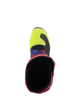 Alpinestars Tech 3 Boots, Motocross Boots, Bright Red Dark Blue and Yellow Fluo, top-down view looking into the boot opening, featuring a yellow fluo toe box and red collar, durable off-road protective footwear
