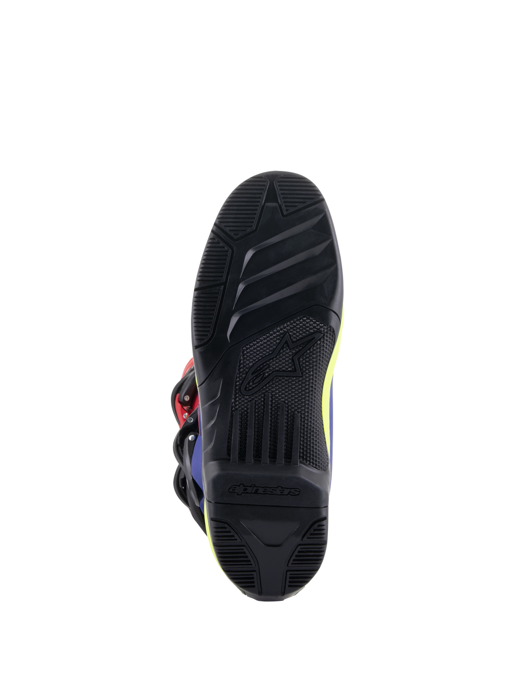 Alpinestars Tech 3 Stiefel, Motocross-Stiefel, Hellrot, Dunkelblau und Leuchtgelb, Detailansicht der schwarzen, griffigen Gummiaußensohle mit strukturierten Profilmustern und geprägtem Alpinestars-Logo für verbesserte Kontrolle auf den Fußrasten.