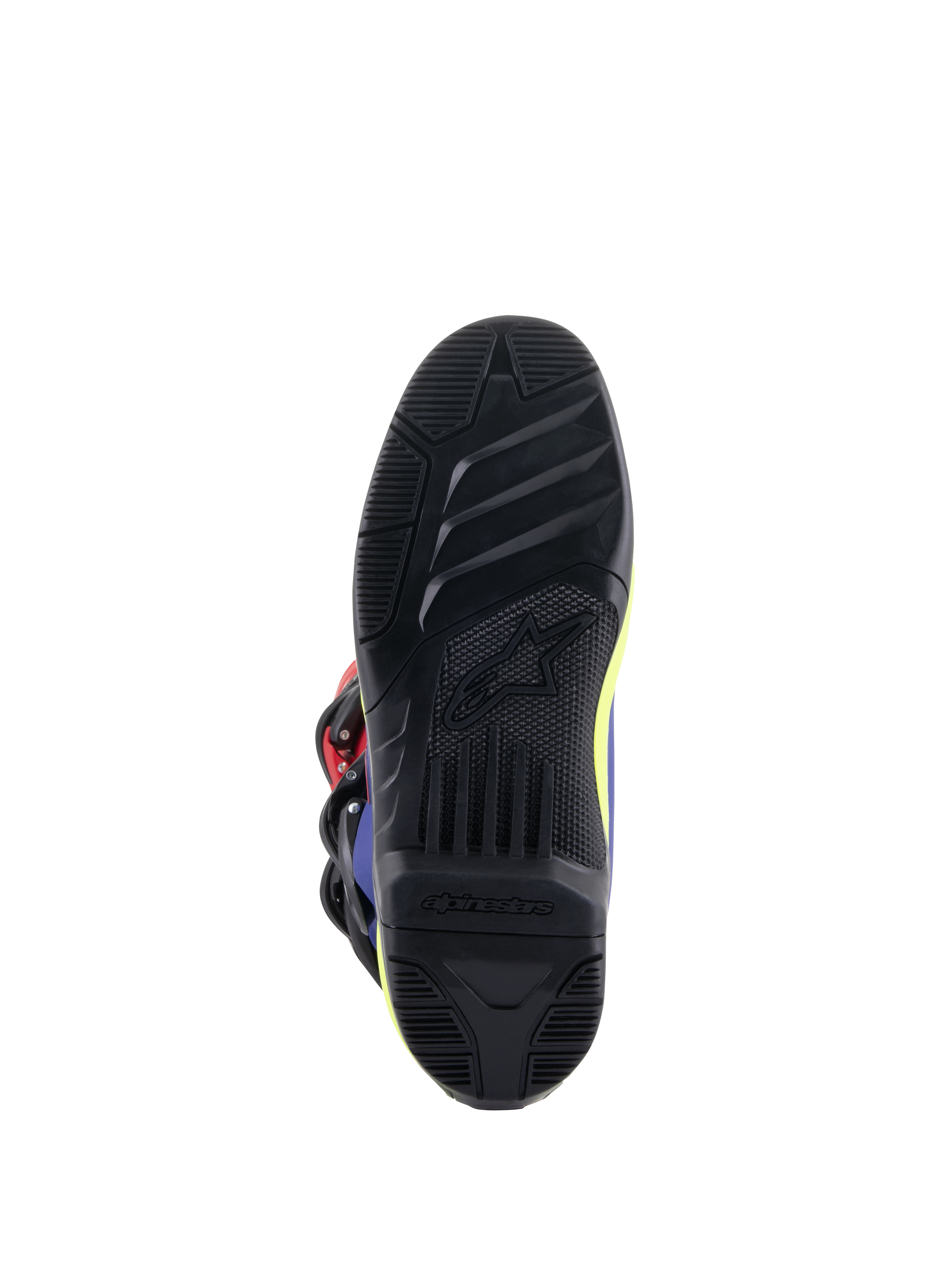 Alpinestars Tech 3 Stiefel, Motocross-Stiefel, Hellrot, Dunkelblau und Leuchtgelb, Detailansicht der schwarzen, griffigen Gummiaußensohle mit strukturierten Profilmustern und geprägtem Alpinestars-Logo für verbesserte Kontrolle auf den Fußrasten.