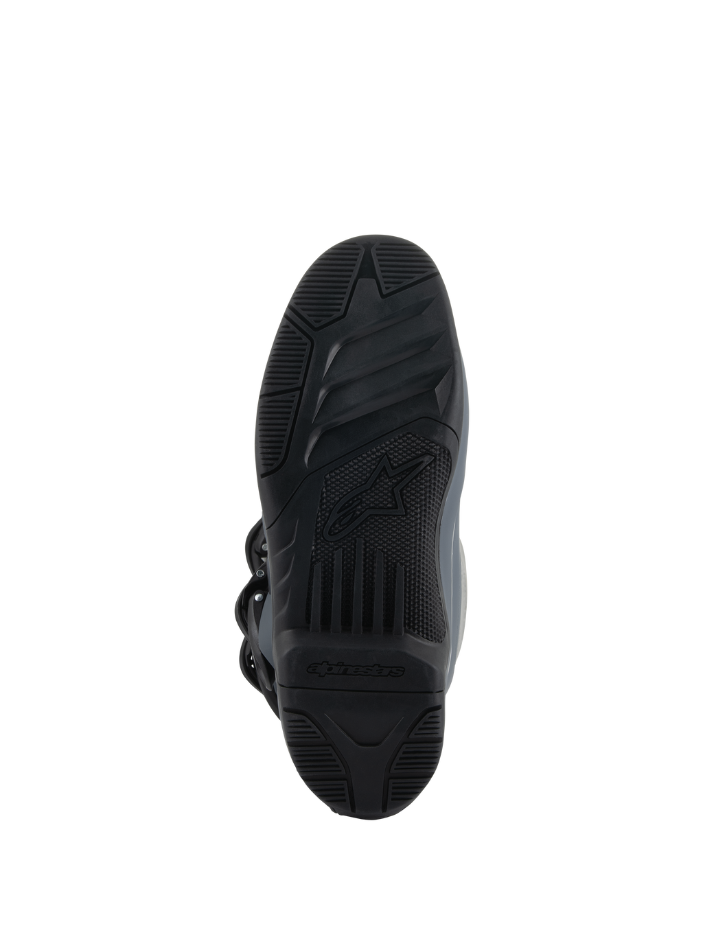 Alpinestars Tech 3 Stiefel, Dunkelgrau Hellgrau Schwarz, Unteransicht der griffigen Gummimischung-Außensohle, strukturiertes schwarzes Profil mit zentralem Alpinestars-Logo, entwickelt für Fußrasten-Kontrolle und Traktion unter Offroad-Bedingungen