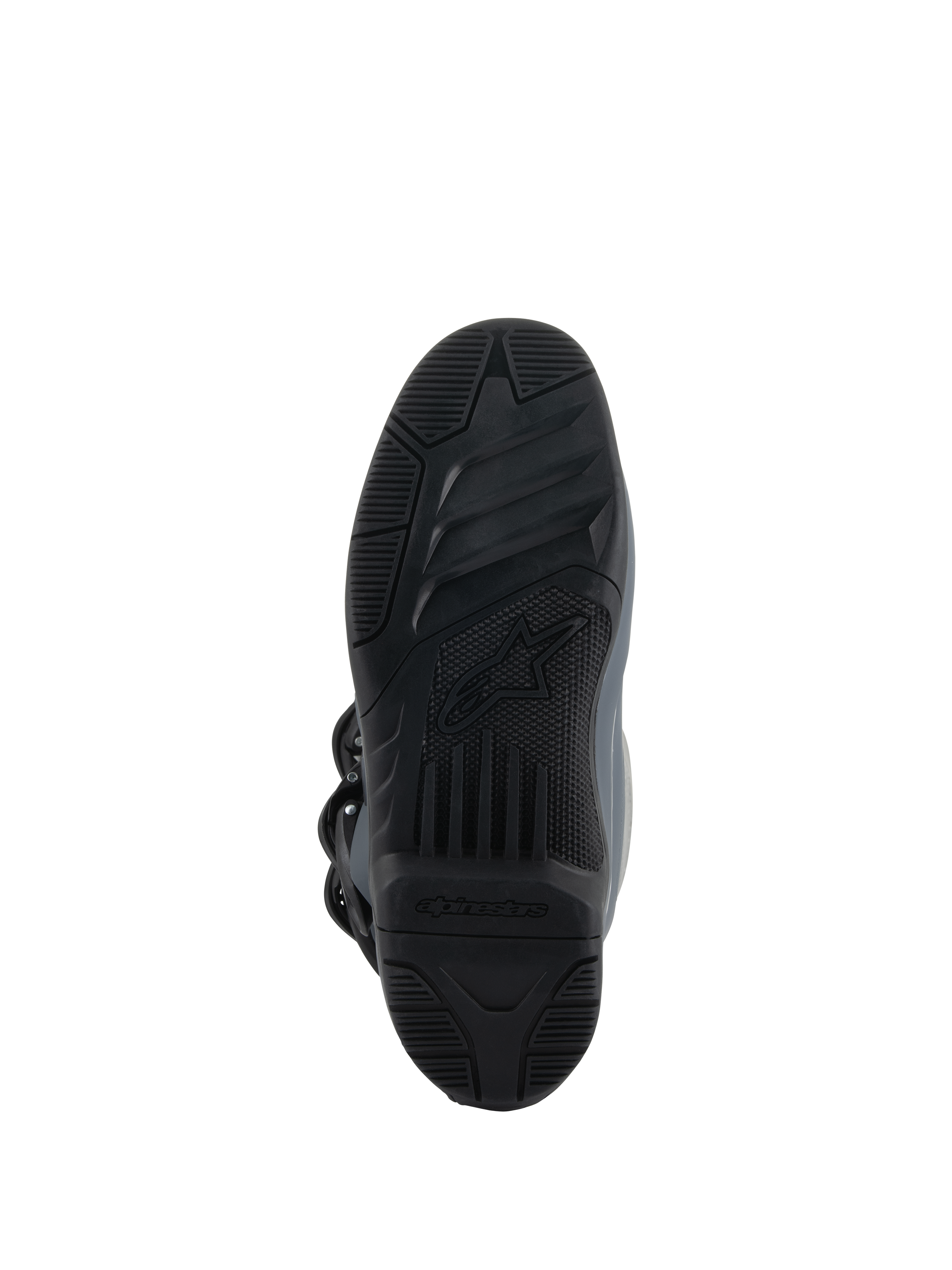 Alpinestars Tech 3 Stiefel, Dunkelgrau Hellgrau Schwarz, Unteransicht der griffigen Gummimischung-Außensohle, strukturiertes schwarzes Profil mit zentralem Alpinestars-Logo, entwickelt für Fußrasten-Kontrolle und Traktion unter Offroad-Bedingungen