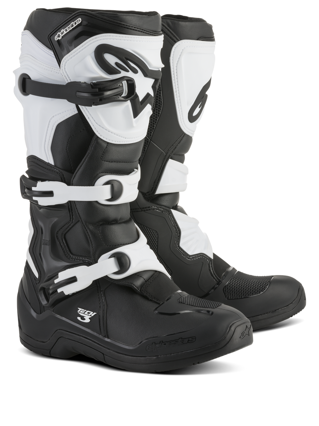 Alpinestars Tech 3 Stiefel, Motocross-Stiefel, Schwarz und Weiß, mit einem Dreifach-Schnallen-Verschlusssystem, schützender TPU-Schienbeinplatte und Fersenkappe, langlebige Mikrofaser- und Synthetikkonstruktion für den Offroad-Rennsport