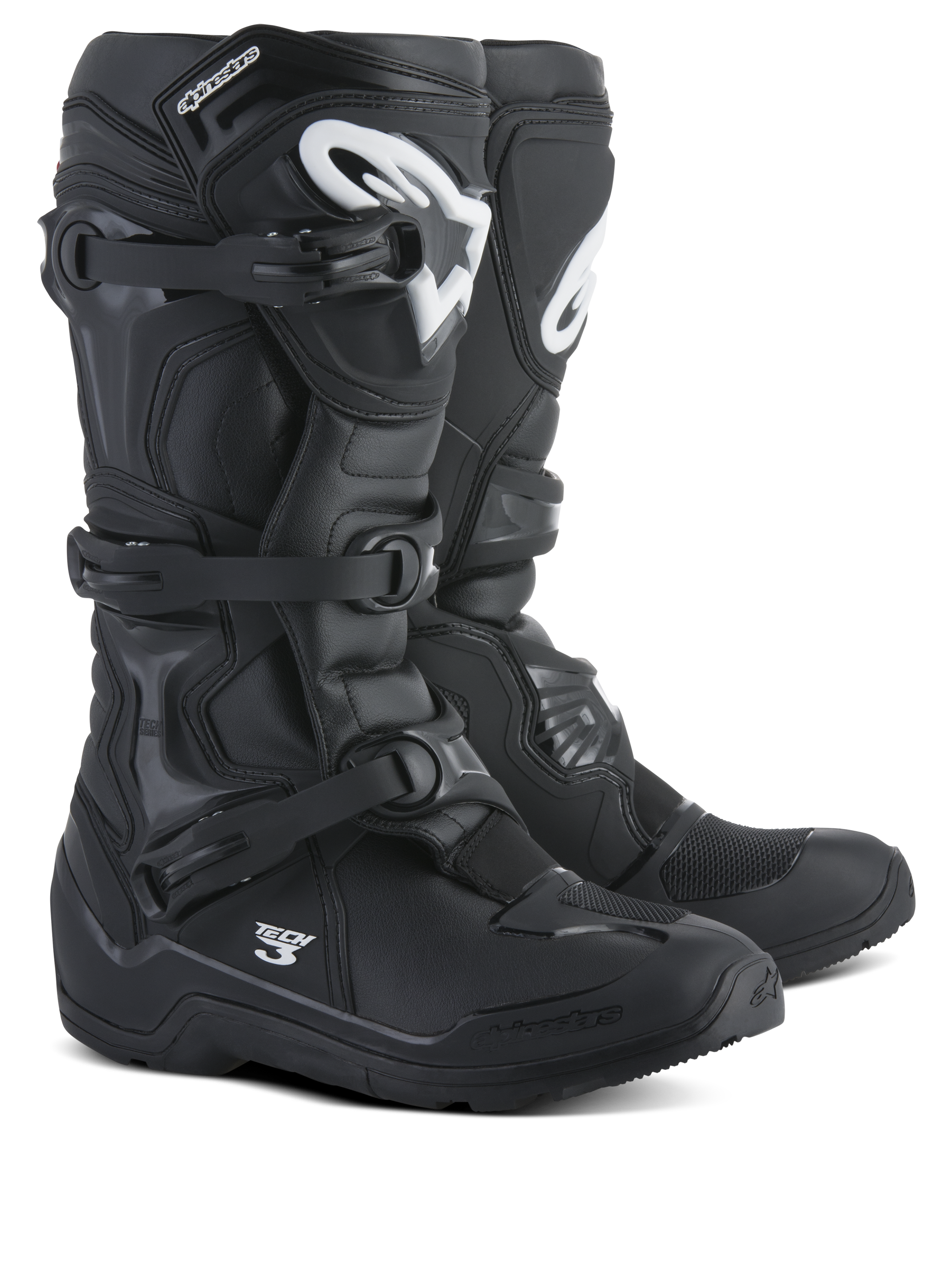 Alpinestars Tech 3 Enduro Boots, Motocross and Off-Road Boots, Black with White logos, triple polymer buckle system, durable TPU protection, rugged all-terrain sole design