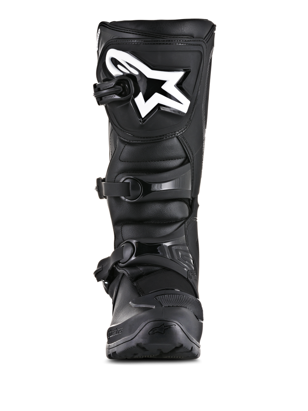 Alpinestars Tech 3 Enduro Boots, Off-Road Motorcycle Boots, Black, front view featuring a white Alpinestars logo on the shin plate, three-buckle closure system, and rugged microfiber and TPU construction.