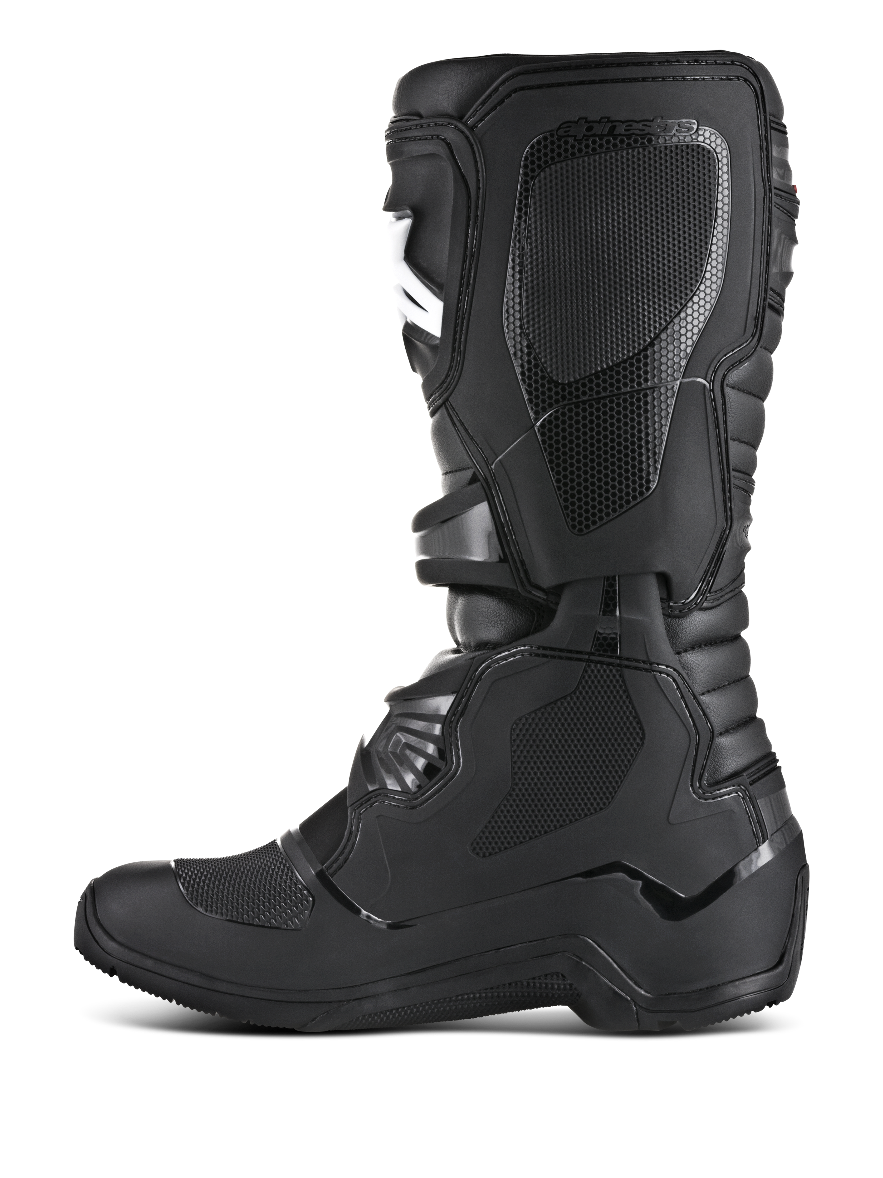 Alpinestars Tech 3 Enduro Boots, Off-Road Motorcycle Boots, Black, medial side profile featuring textured TPU grip panels, protective shin plate, and durable construction for enduro and motocross.
