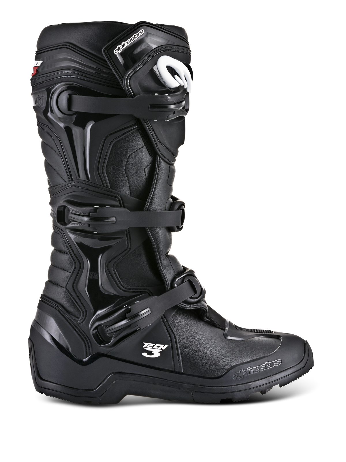 Alpinestars Tech 3 Enduro Stiefel, schwarze Offroad-Motorradstiefel, Seitenansicht mit Drei-Schnallen-Verschlusssystem, verstärkten TPU-Schutzpaneelen, griffiger Profilsohle und weißem Alpinestars-Branding.