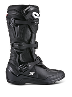 Alpinestars Tech 3 Enduro Boots, Black Off-Road Motorcycle Boots, side profile showing triple buckle closure system, reinforced TPU protection panels, high-traction lugged sole, and white Alpinestars branding.