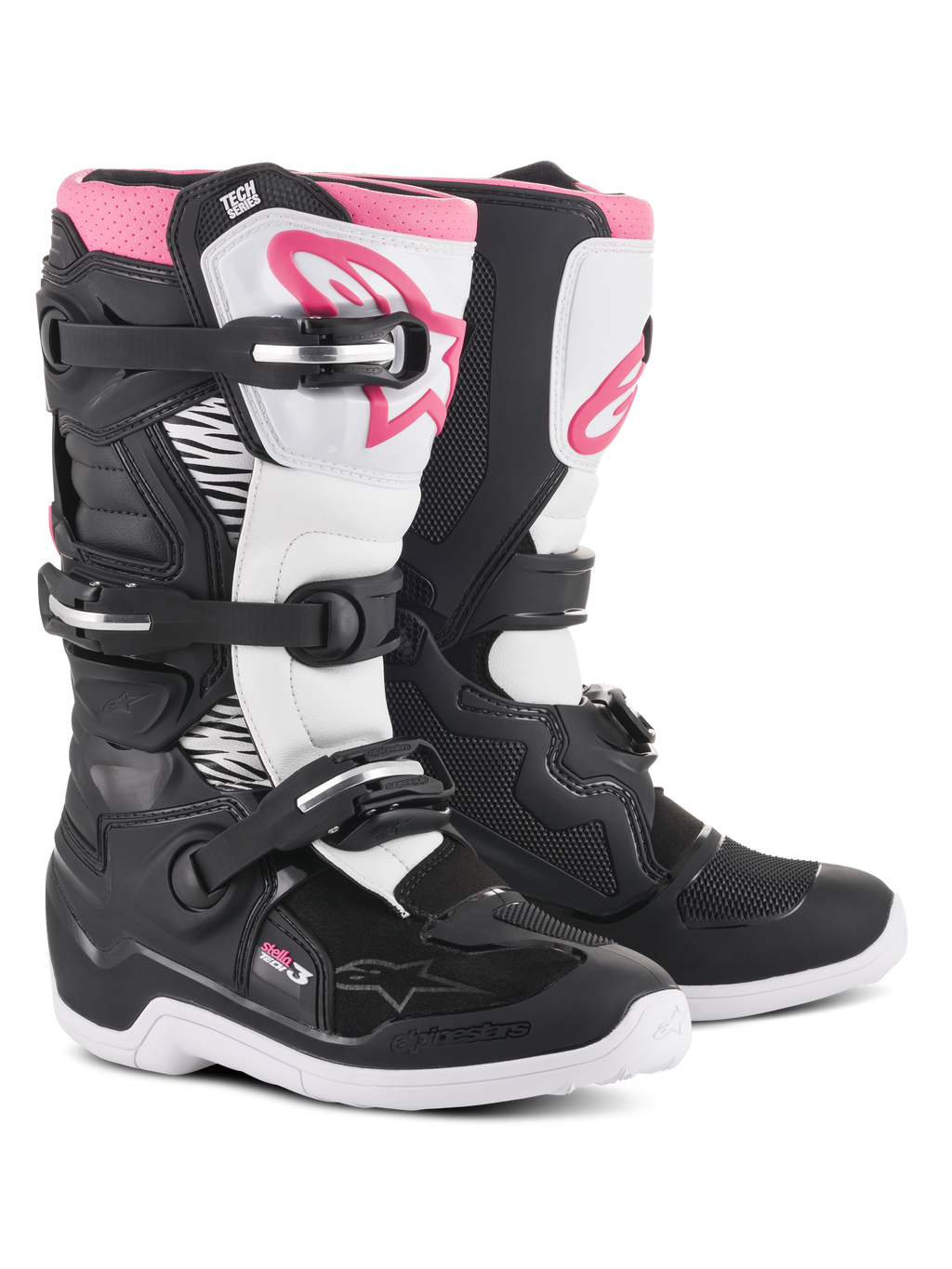 Alpinestars Stella Tech 3 Stiefel, Damen-Motocross-Stiefel, Schwarz, Weiß und Pink, mit einer weißen Schienbeinplatte mit pinkfarbenem Alpinestars-Logo, schwarzem Chassis mit weißen Flexzonen und einem Drei-Schnallen-Verschlusssystem.