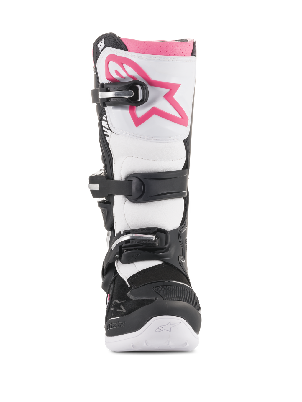 Alpinestars Stella Tech 3 Damenstiefel, Motocross-Stiefel, Schwarz, Weiß und Pink, Vorderansicht mit weißer Schienbeinplatte und pinkem Astars-Logo, schwarzes Schnallenverschlusssystem und pinke obere Manschette, strapazierfähiges Schutzschuhwerk für Offroad-Fahrten.