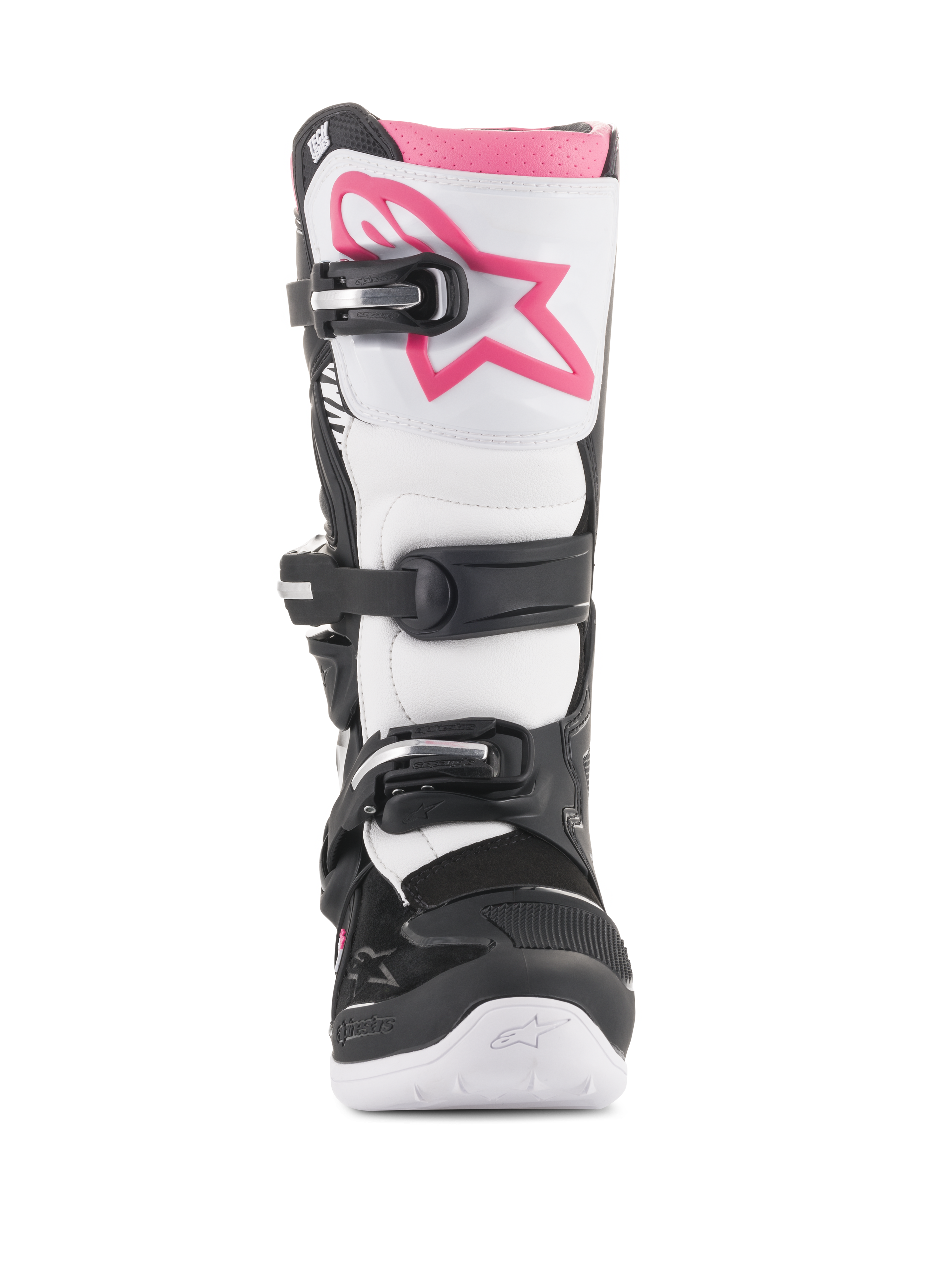 Alpinestars Stella Tech 3 Damenstiefel, Motocross-Stiefel, Schwarz, Weiß und Pink, Vorderansicht mit weißer Schienbeinplatte und pinkem Astars-Logo, schwarzes Schnallenverschlusssystem und pinke obere Manschette, strapazierfähiges Schutzschuhwerk für Offroad-Fahrten.