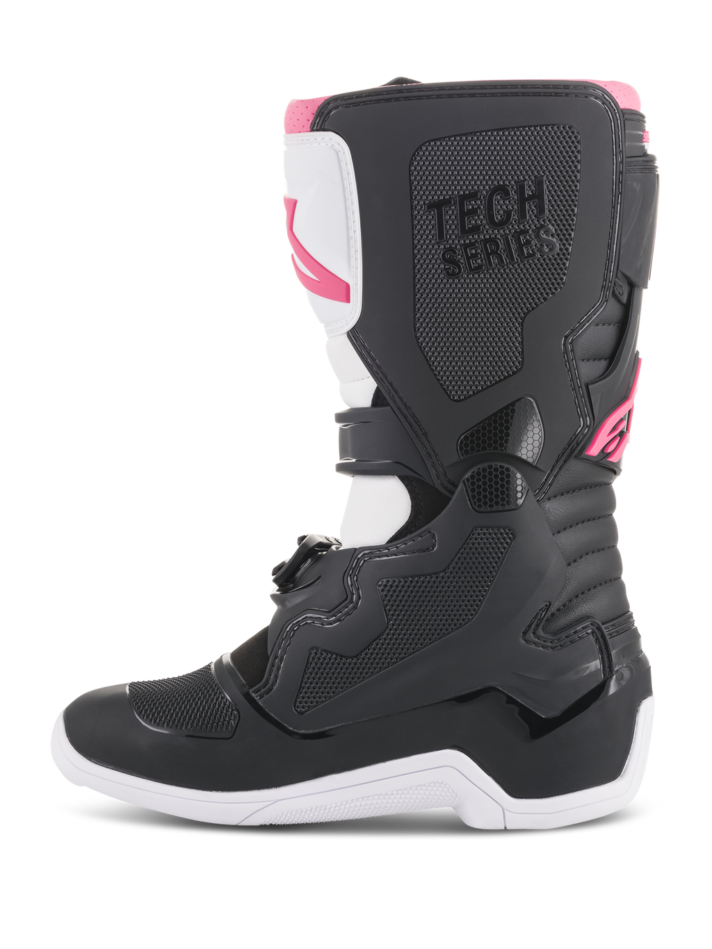 Alpinestars Stella Tech 3 Damen-Stiefel, Motocross-Stiefel, Schwarz, Weiß und Pink, Seitenprofil mit schützender TPU-Schienbeinplatte, texturierten Grip-Einsätzen und 'TECH SERIES'-Branding für den Offroad-Rennsport