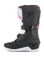 Alpinestars Stella Tech 3 Damen-Stiefel, Motocross-Stiefel, Schwarz, Weiß und Pink, Seitenprofil mit schützender TPU-Schienbeinplatte, texturierten Grip-Einsätzen und 'TECH SERIES'-Branding für den Offroad-Rennsport