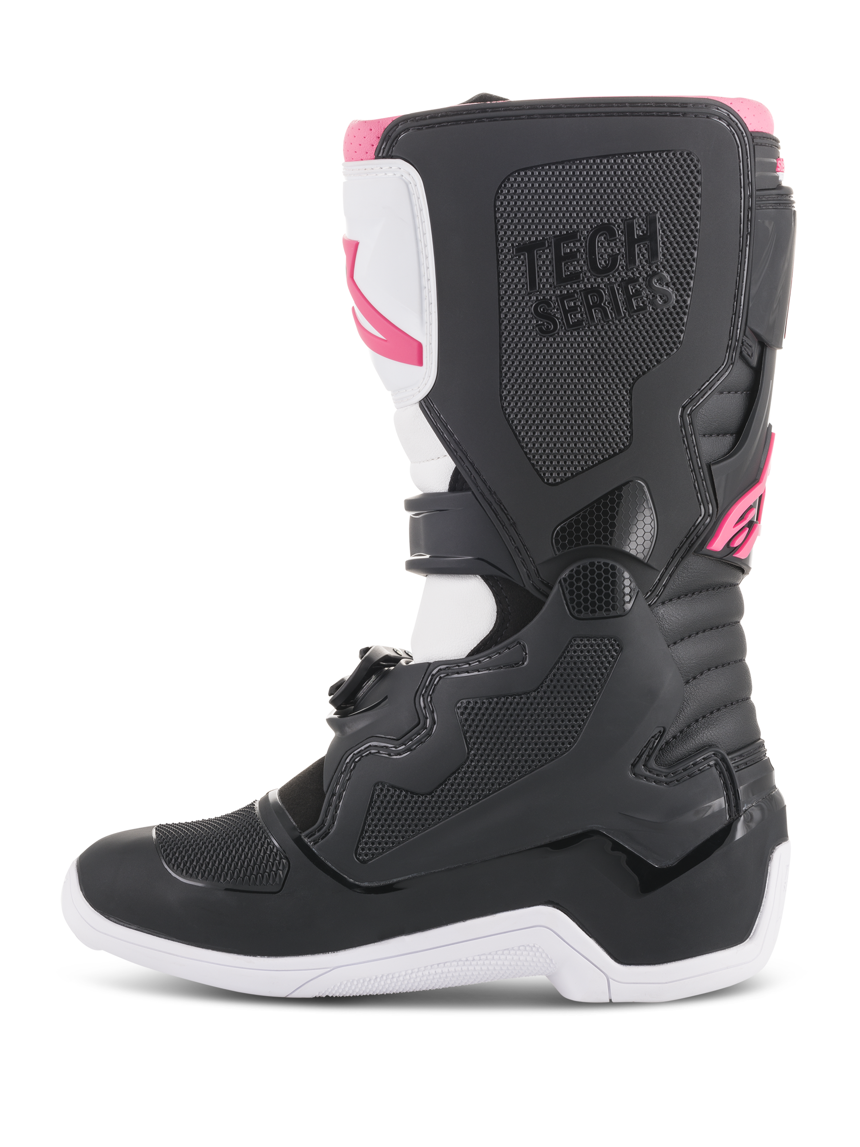 Alpinestars Stella Tech 3 Damen-Stiefel, Motocross-Stiefel, Schwarz, Weiß und Pink, Seitenprofil mit schützender TPU-Schienbeinplatte, texturierten Grip-Einsätzen und 'TECH SERIES'-Branding für den Offroad-Rennsport