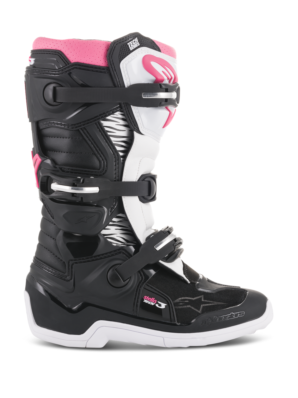 Alpinestars Stella Tech 3 Damen-Motocross-Stiefel, Schwarz, Weiß und Pink, Seitenansicht mit Drei-Schnallen-Verschlusssystem, Grafikpaneelen im Zebra-Print, TPU-Schienbeinschutz und weißer Gummiaußensohle für den Offroad-Einsatz
