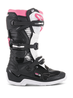 Alpinestars Stella Tech 3 Damen-Motocross-Stiefel, Schwarz, Weiß und Pink, Seitenansicht mit Drei-Schnallen-Verschlusssystem, Grafikpaneelen im Zebra-Print, TPU-Schienbeinschutz und weißer Gummiaußensohle für den Offroad-Einsatz
