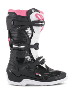 Alpinestars Stella Tech 3 Damen-Motocross-Stiefel, Schwarz, Weiß und Pink, Seitenansicht mit Drei-Schnallen-Verschlusssystem, Grafikpaneelen im Zebra-Print, TPU-Schienbeinschutz und weißer Gummiaußensohle für den Offroad-Einsatz