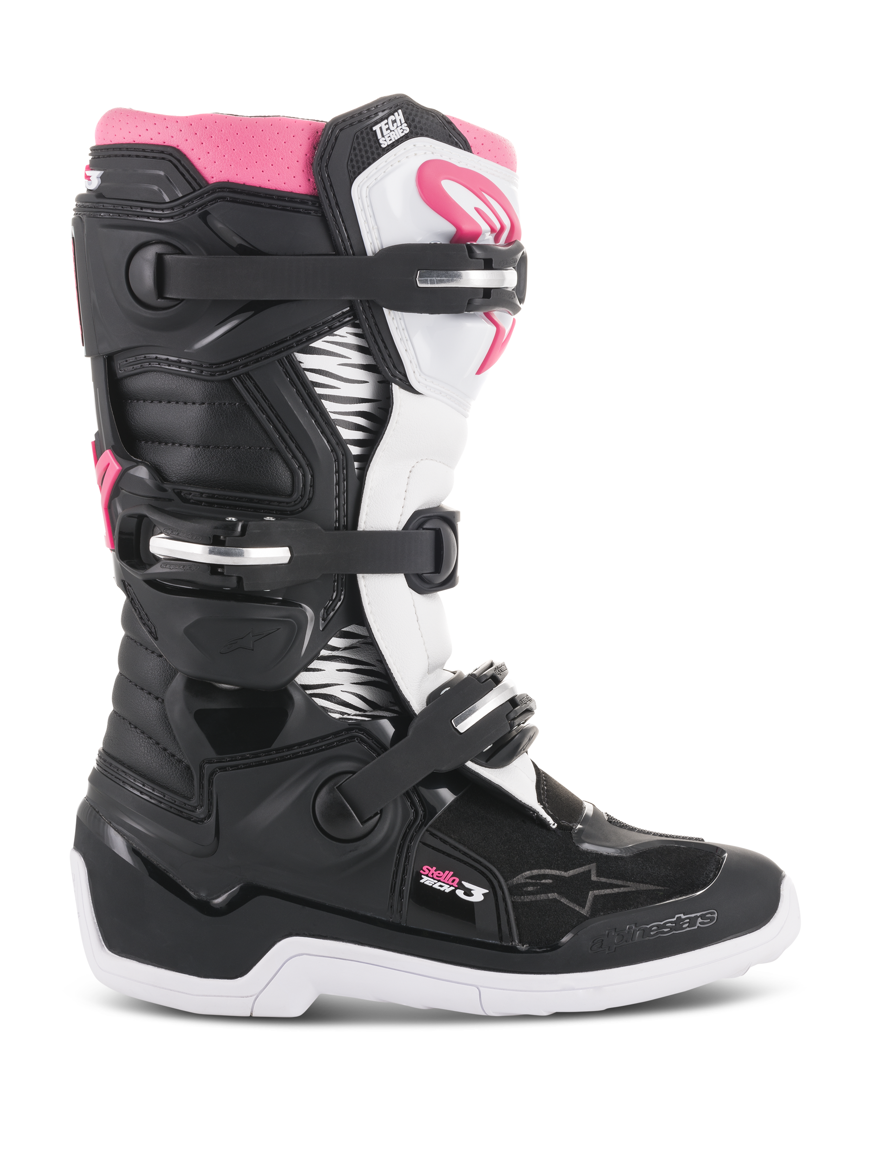 Alpinestars Stella Tech 3 Damen-Motocross-Stiefel, Schwarz, Weiß und Pink, Seitenansicht mit Drei-Schnallen-Verschlusssystem, Grafikpaneelen im Zebra-Print, TPU-Schienbeinschutz und weißer Gummiaußensohle für den Offroad-Einsatz