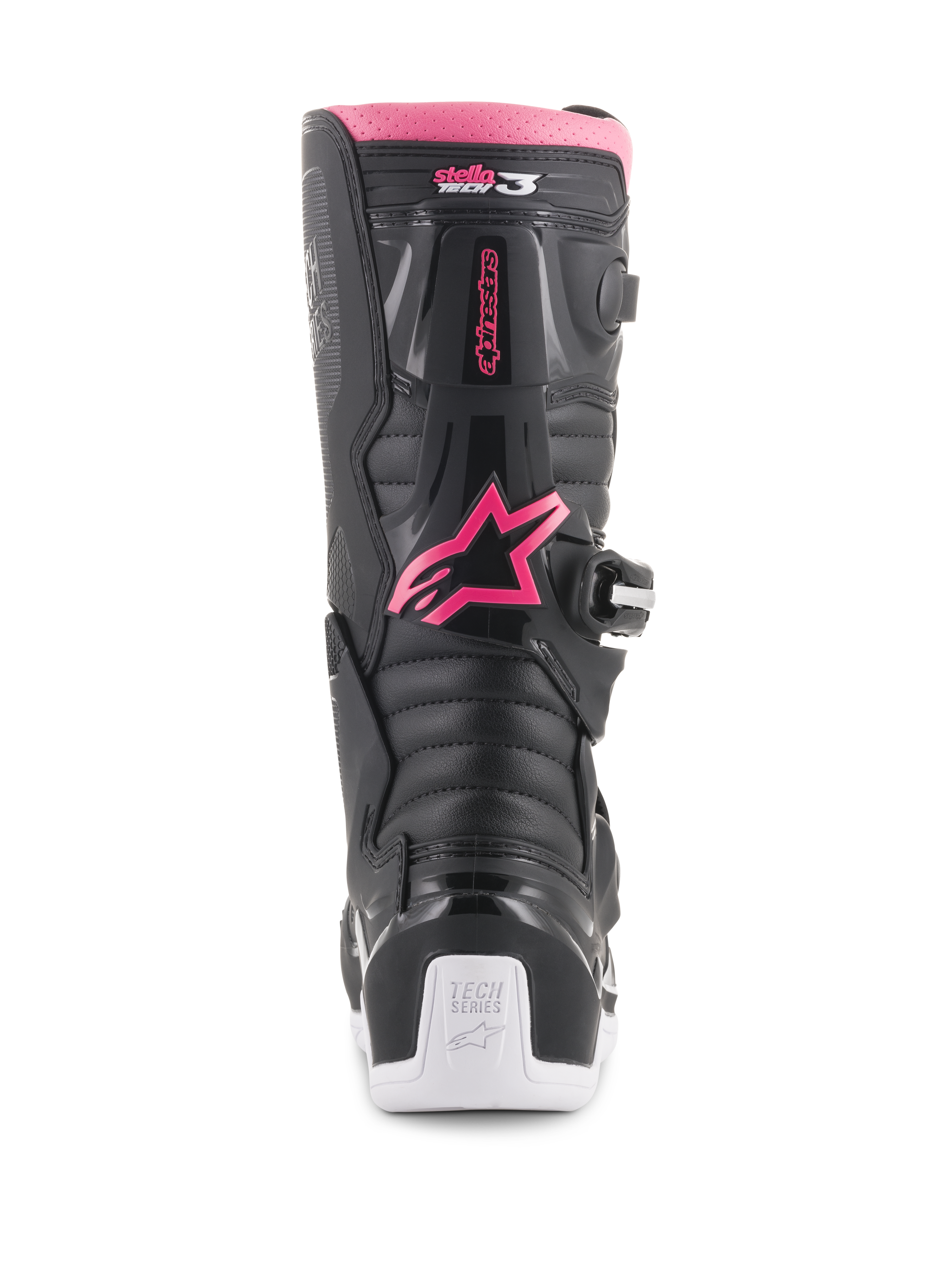 Alpinestars Stella Tech 3 Damenstiefel, Motocross-Stiefel, Schwarz, Weiß und Pink, Rückansicht mit pinkfarbenem Alpinestars Stern-Logo, pinkfarbenem oberem Rand, schwarzen strukturierten Paneelen und weißer Ferse mit Tech Series-Branding.