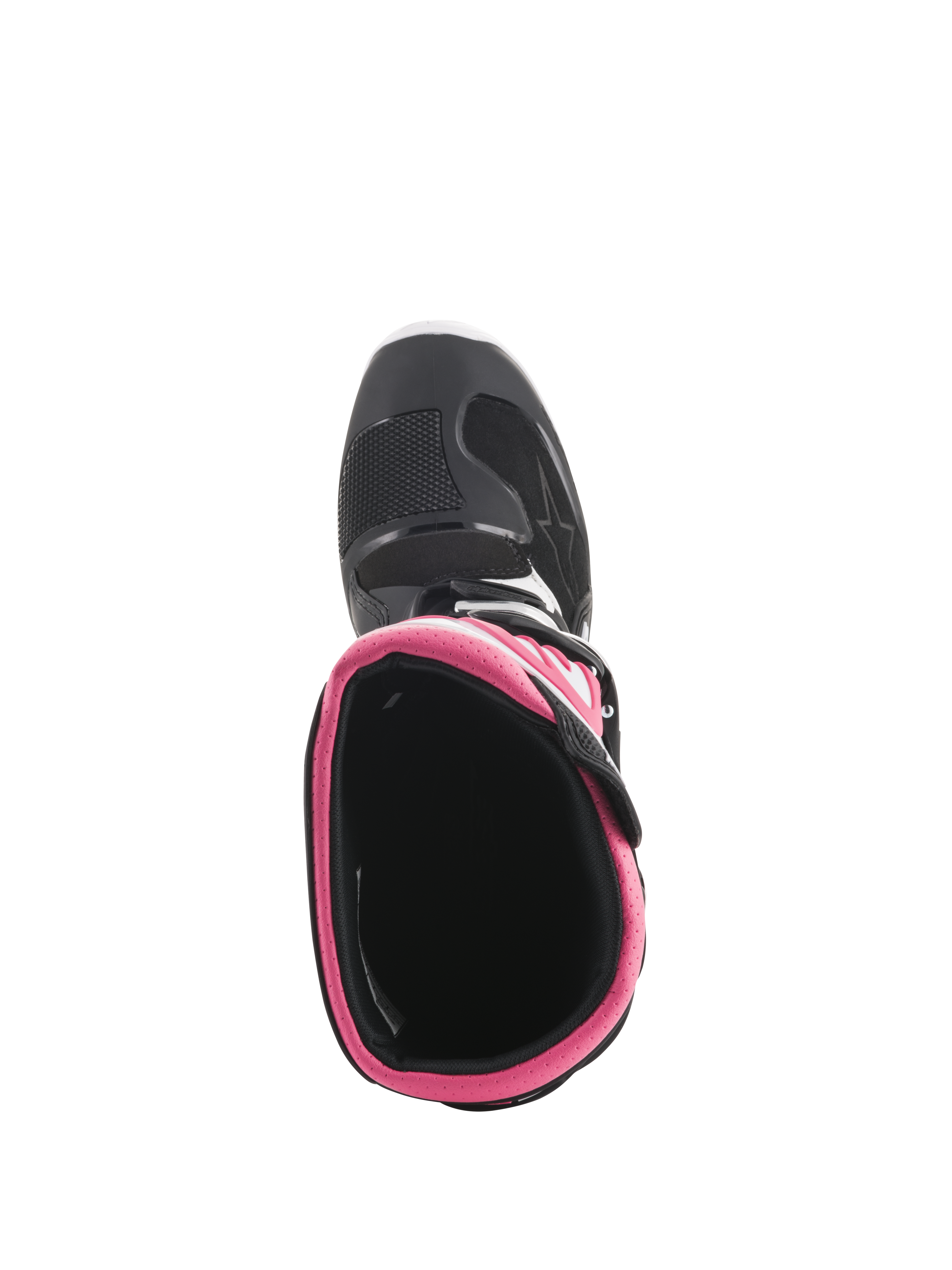 Alpinestars Stella Tech 3 Damenstiefel, Motocross-Stiefel, Schwarz, Weiß und Pink, Draufsicht mit pinkfarbenem Innenkragen und Zehenbereich, strapazierfähiges Schuhwerk für den Offroad-Rennsport