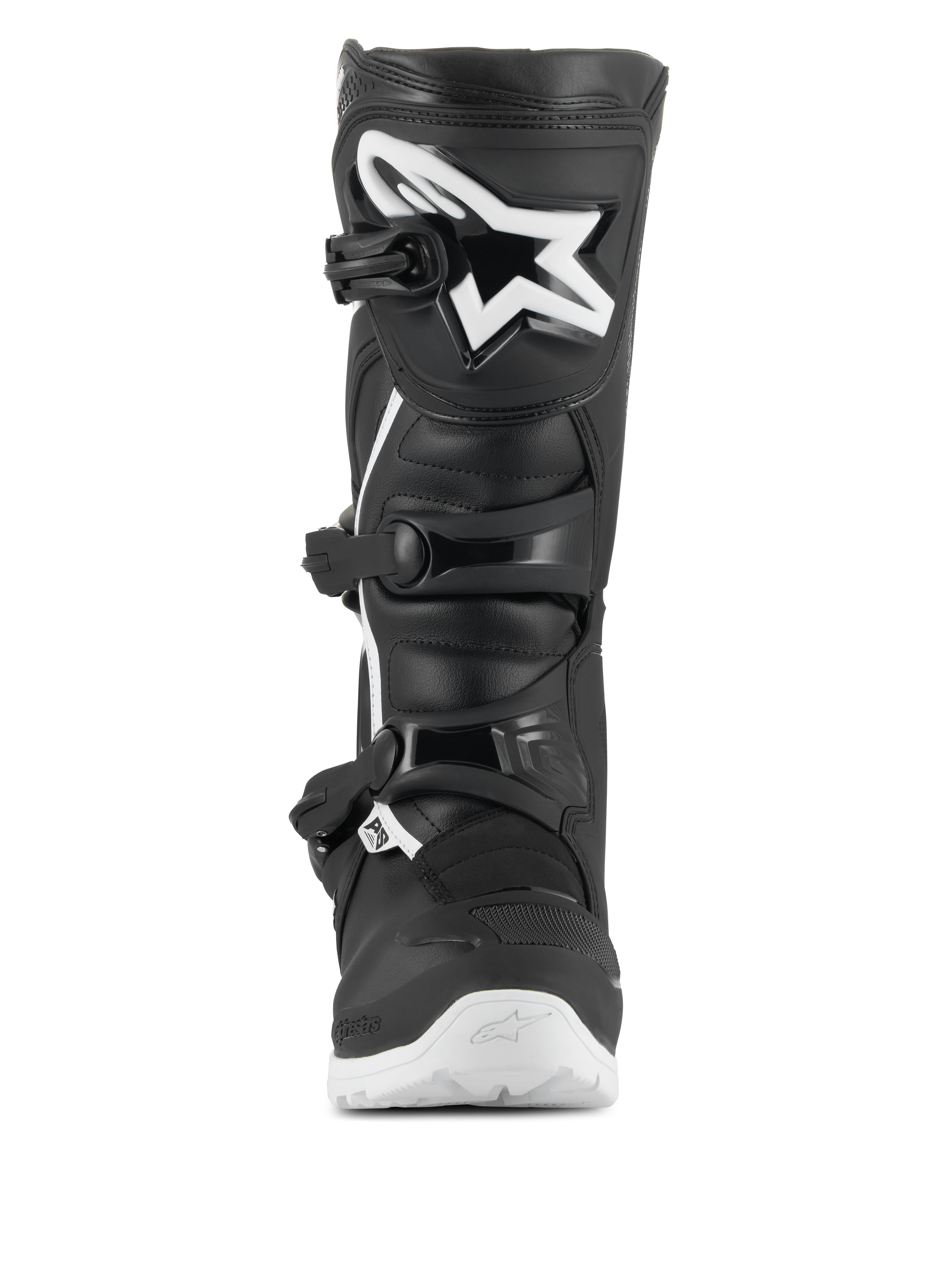 Alpinestars Tech 3 Enduro Waterproof Boots, Motocross and Enduro Boots, Black and White, frontal view featuring a large white star logo on the TPU shin plate, triple buckle closure system, and rugged white sole for off-road traction.
