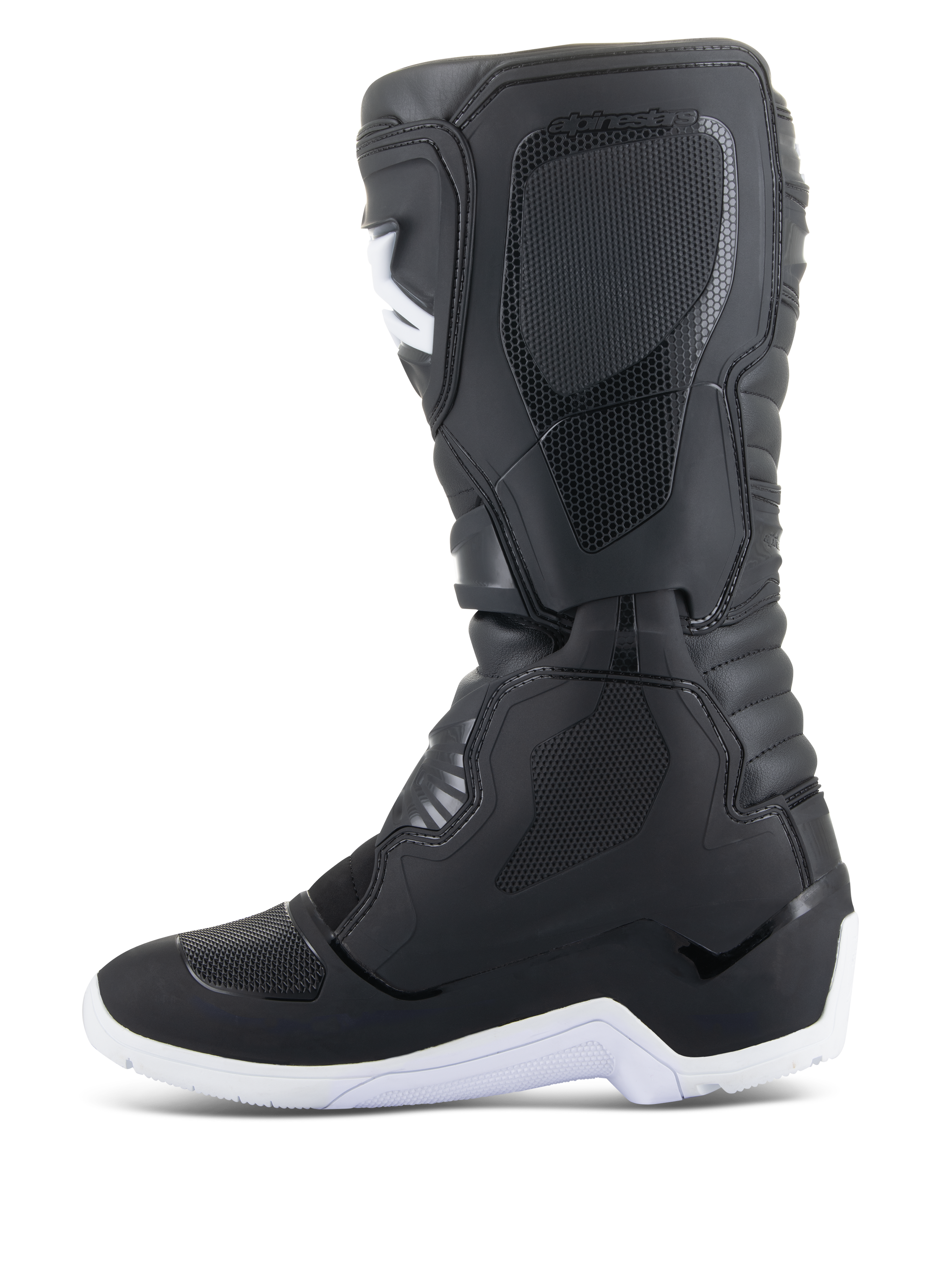Alpinestars Tech 3 Enduro Waterproof Boots, Motocross and Enduro Boots, Black and White, side profile view featuring textured protective panels, white rugged sole, and waterproof synthetic upper for off-road riding