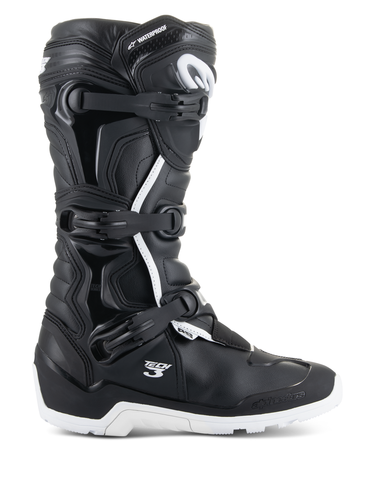 Alpinestars Tech 3 Enduro Waterproof Boots, profile view, Black and White, features triple buckle closure system, reinforced TPU protection panels, rugged white sole, "Tech 3" and "Waterproof" branding, durable off-road and adventure motorcycle footwear