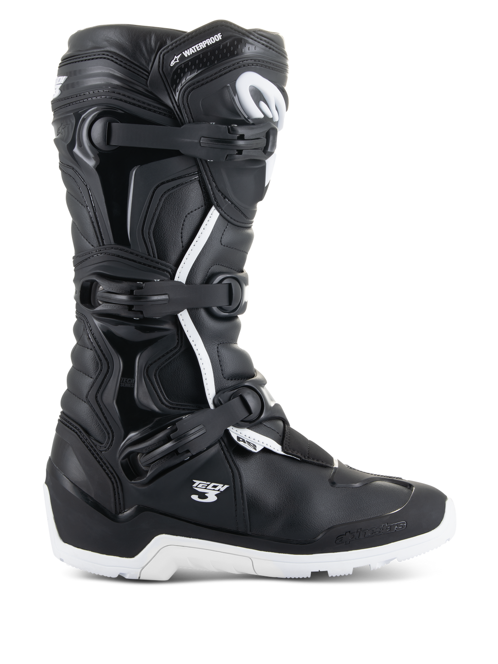 Alpinestars Tech 3 Enduro Waterproof Boots, profile view, Black and White, features triple buckle closure system, reinforced TPU protection panels, rugged white sole, "Tech 3" and "Waterproof" branding, durable off-road and adventure motorcycle footwear