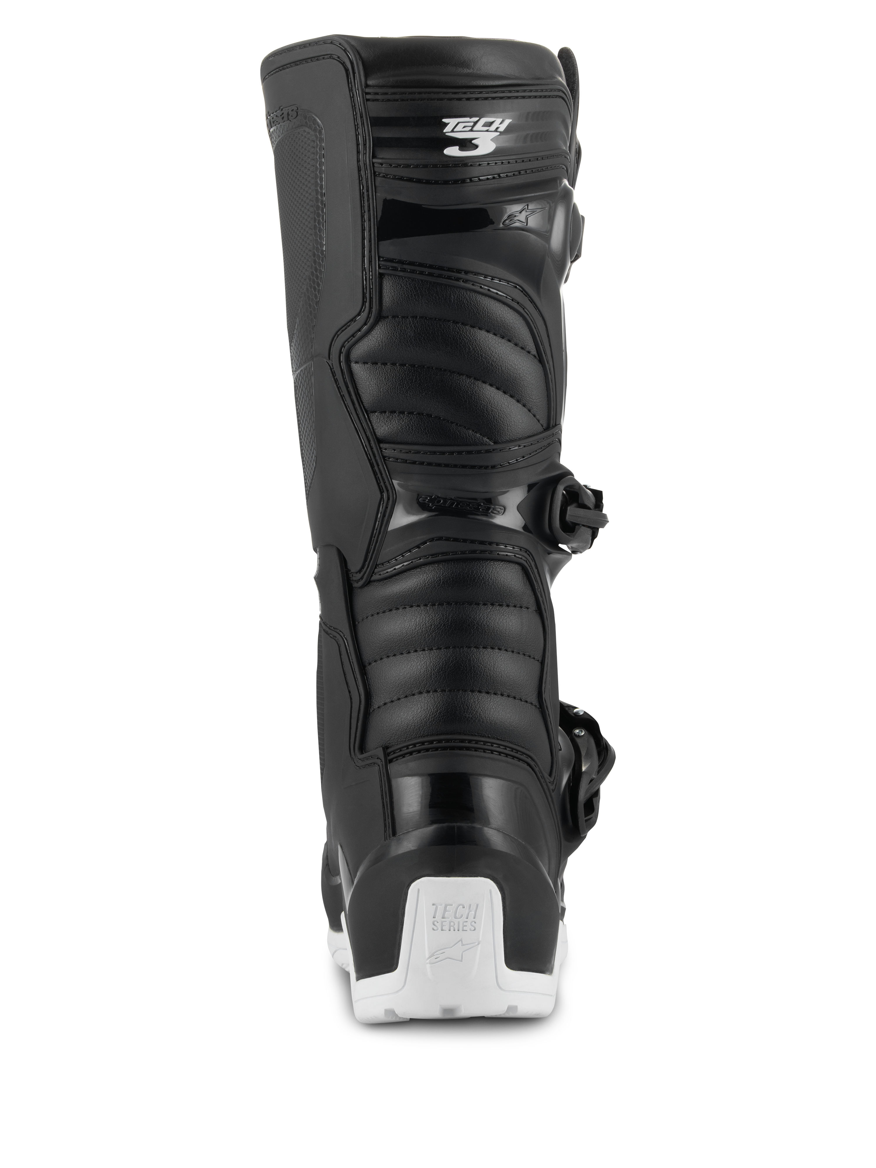 Alpinestars Tech 3 Enduro Waterproof Boots, Motocross and Enduro Boots, Black and White, rear view showing the Tech 3 logo on the calf, accordion-style flex panels, and a white heel protector with Tech Series branding, designed for off-road and adventure riding
